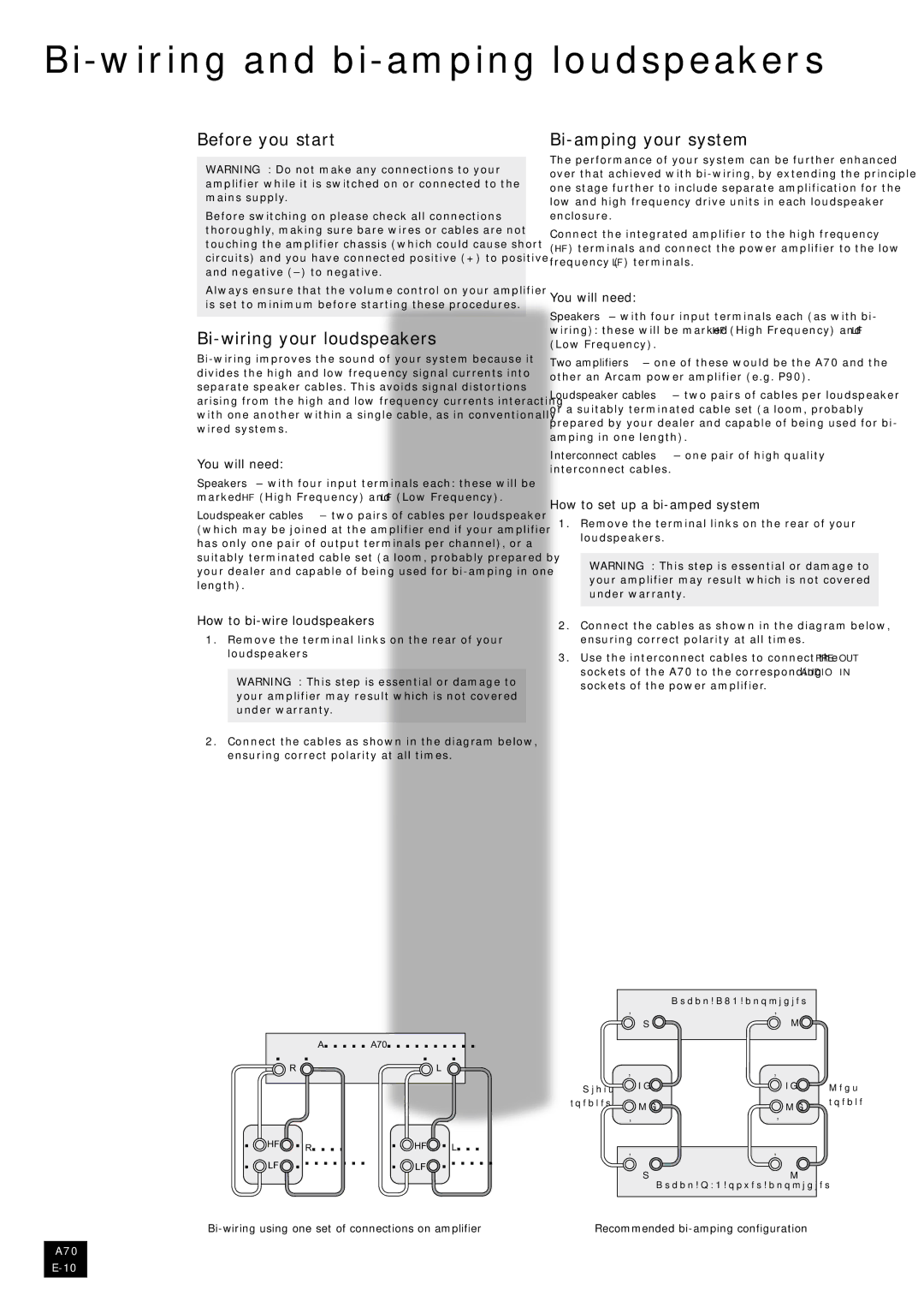 Arcam A70 manual Bi-wiring and bi-amping loudspeakers, Before you start Bi-amping your system, Bi-wiring your loudspeakers 