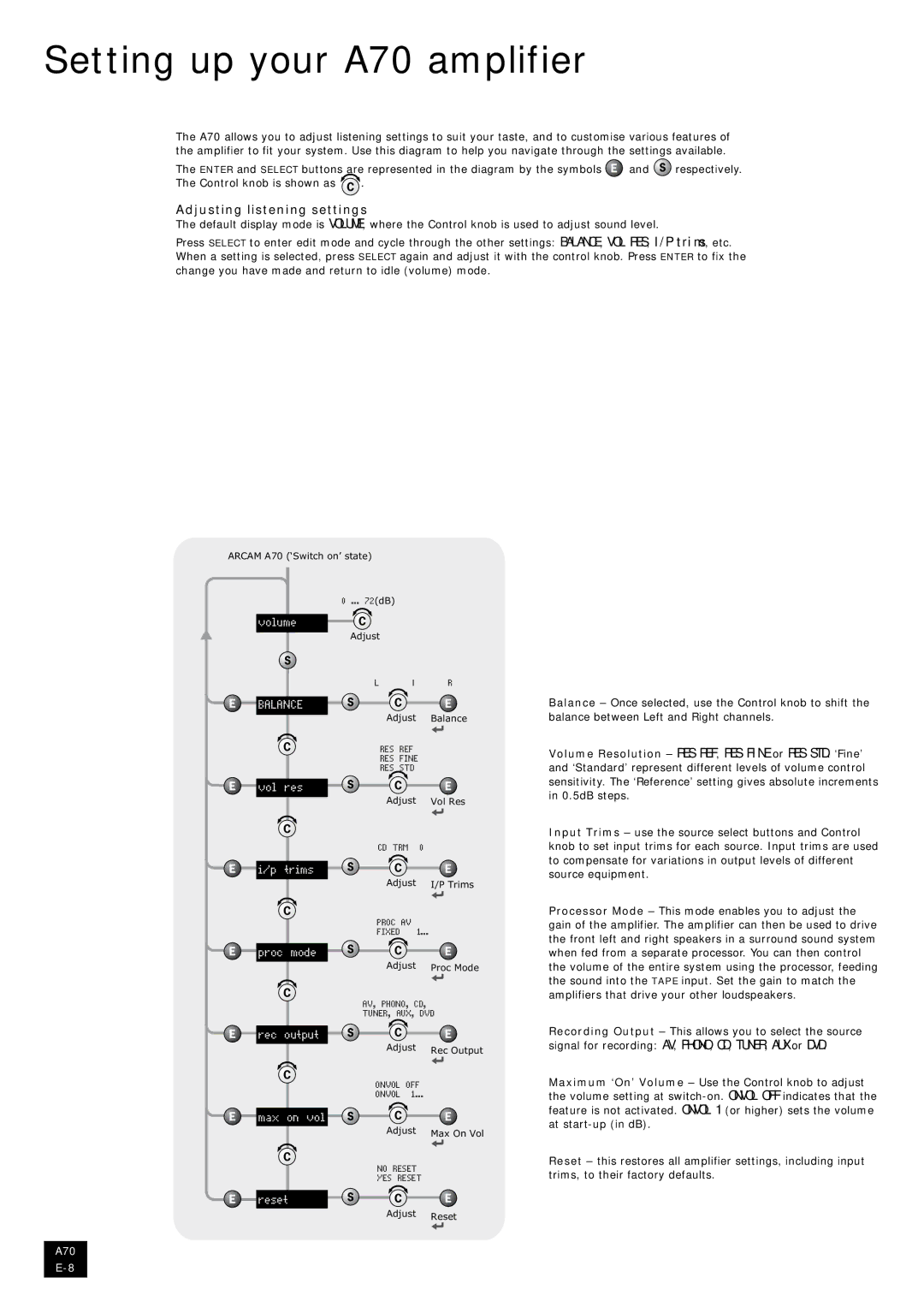 Arcam manual Setting up your A70 amplifier, Adjusting listening settings 