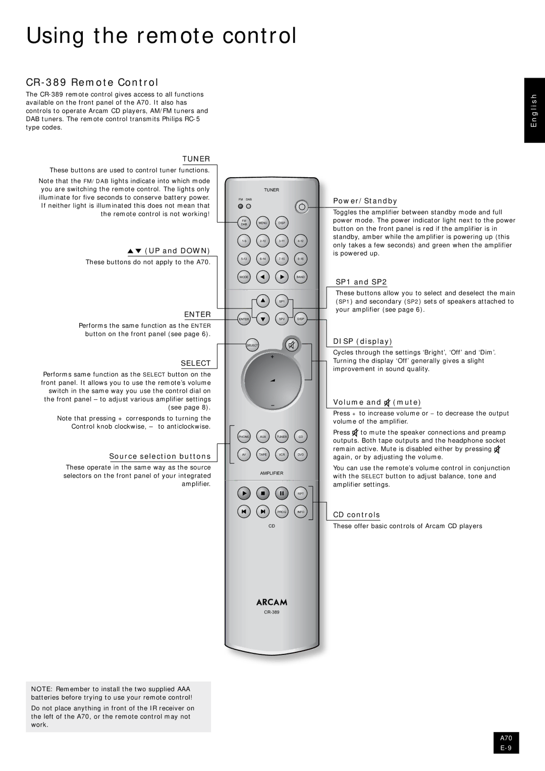 Arcam A70 manual Using the remote control, CR-389 Remote Control 