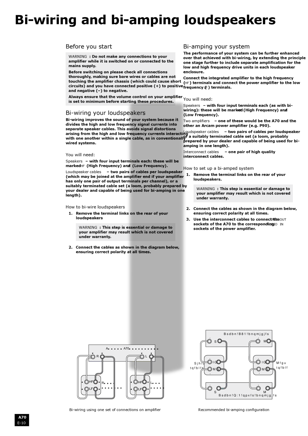 Arcam A70 manual Bi-wiring and bi-amping loudspeakers, Before you start Bi-amping your system, Bi-wiring your loudspeakers 