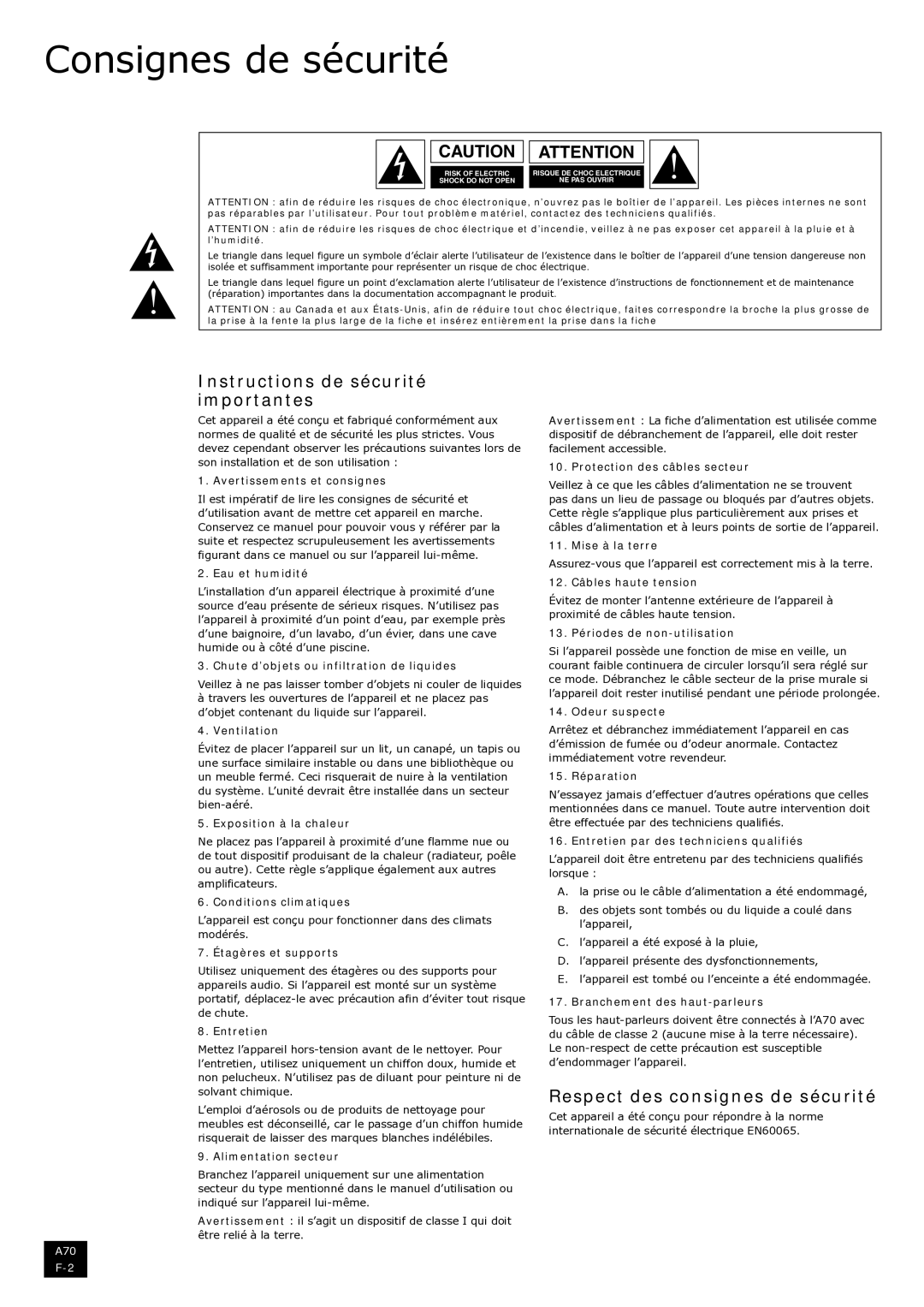 Arcam A70 manual Consignes de sécurité, Instructions de sécurité importantes, Respect des consignes de sécurité 