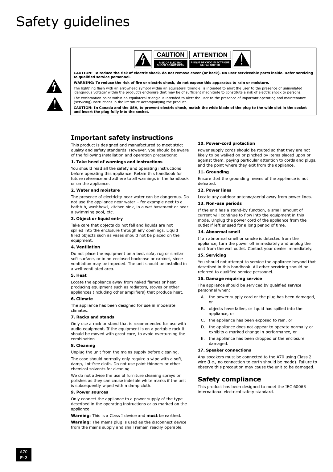 Arcam A70 manual Safety guidelines, Important safety instructions, Safety compliance 