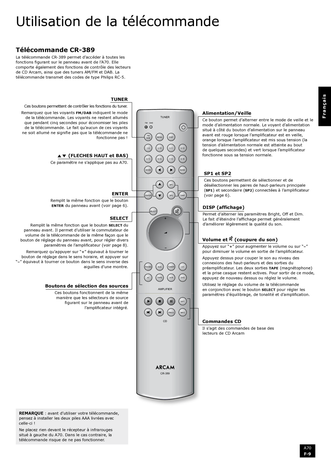 Arcam A70 manual Utilisation de la télécommande, Télécommande CR-389 