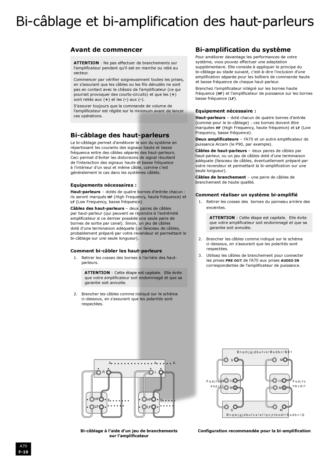 Arcam A70 manual Avant de commencer Bi-amplification du système, Bi-câblage des haut-parleurs 