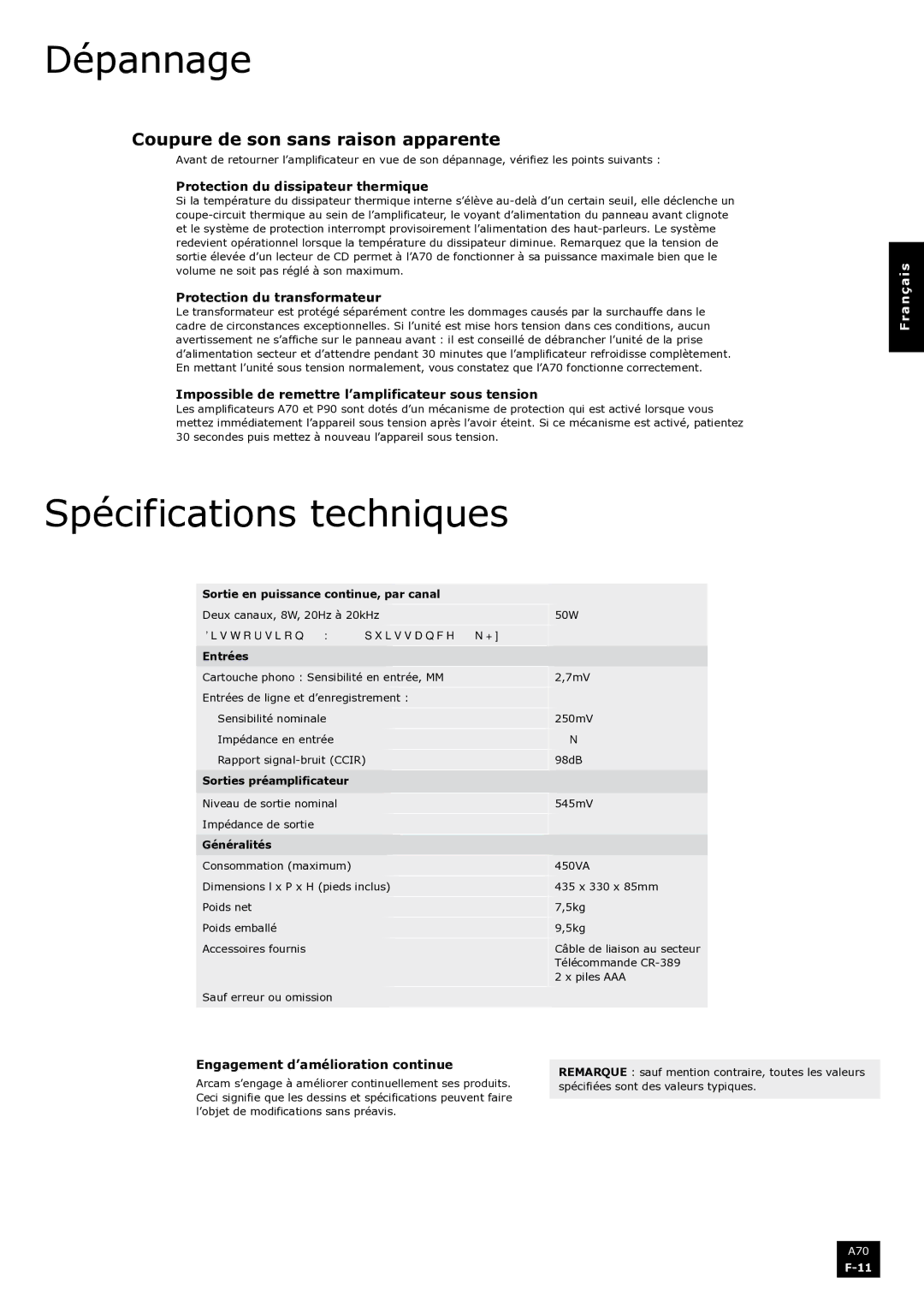 Arcam A70 manual Dépannage, Spécifications techniques, Coupure de son sans raison apparente 