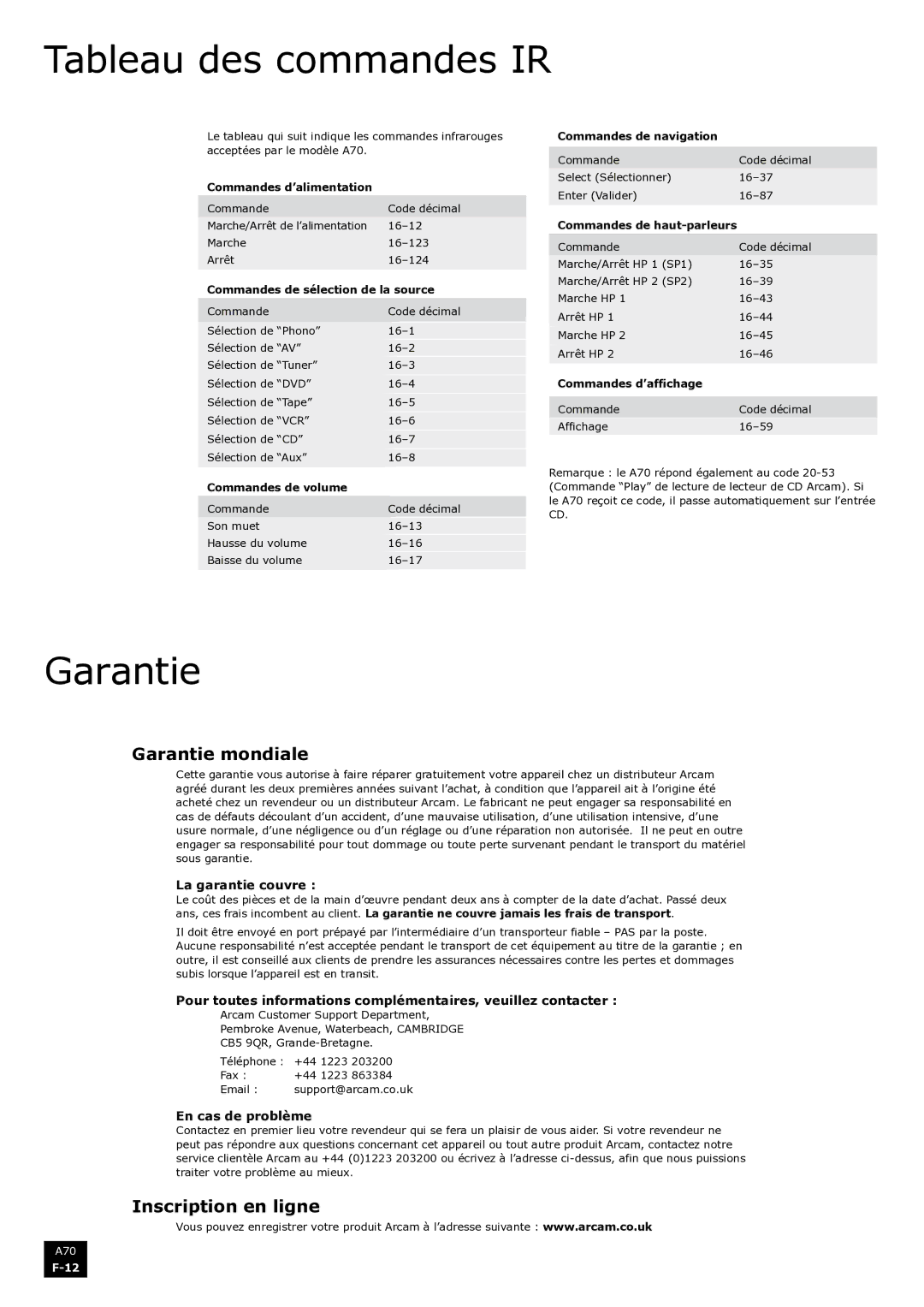 Arcam A70 manual Tableau des commandes IR, Garantie mondiale, Inscription en ligne 