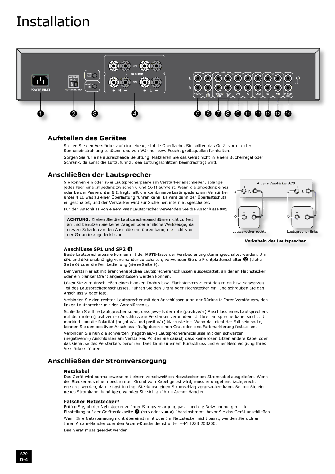 Arcam A70 manual Aufstellen des Gerätes, Anschließen der Lautsprecher, Anschließen der Stromversorgung 