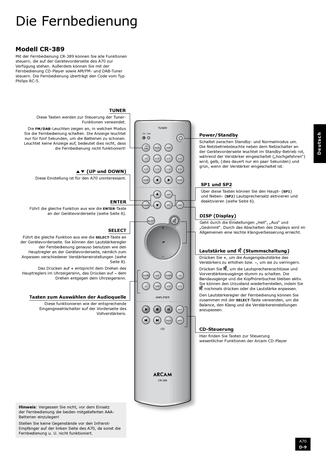 Arcam A70 manual Die Fernbedienung, Modell CR-389 