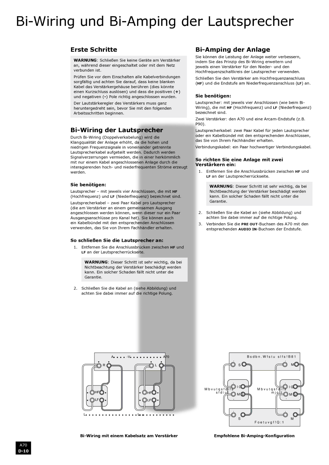 Arcam A70 manual Bi-Wiring und Bi-Amping der Lautsprecher, Erste Schritte Bi-Amping der Anlage, Bi-Wiring der Lautsprecher 