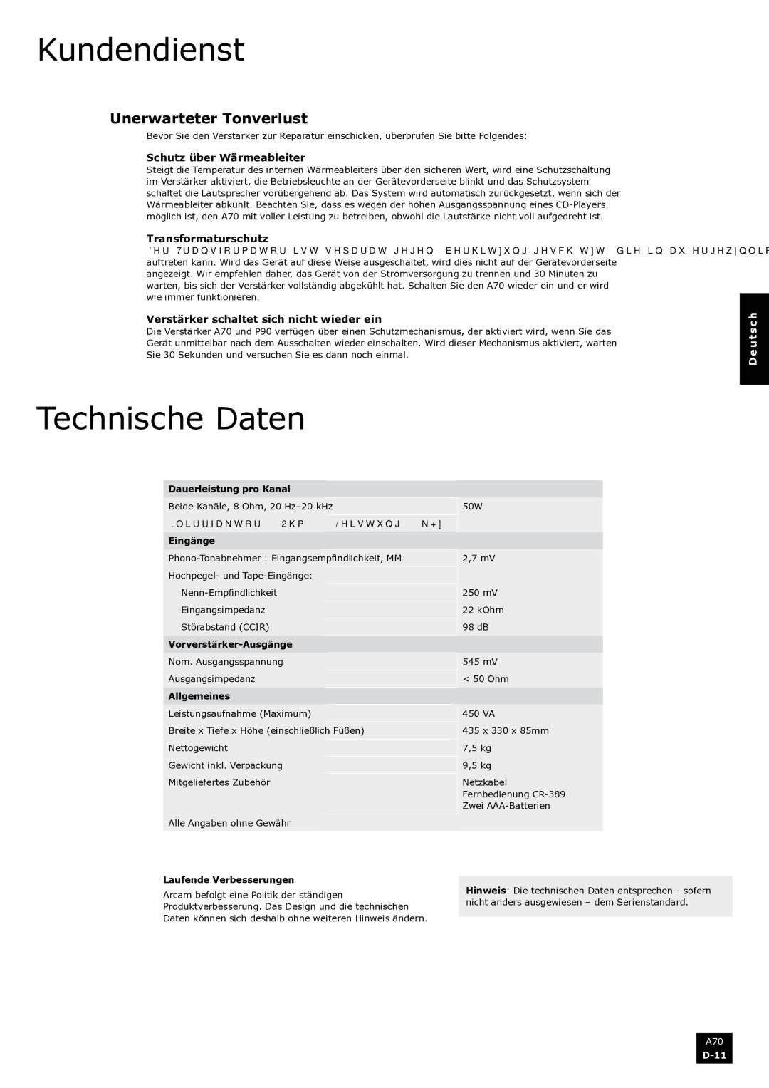 Arcam A70 manual Kundendienst, Technische Daten, Unerwarteter Tonverlust 