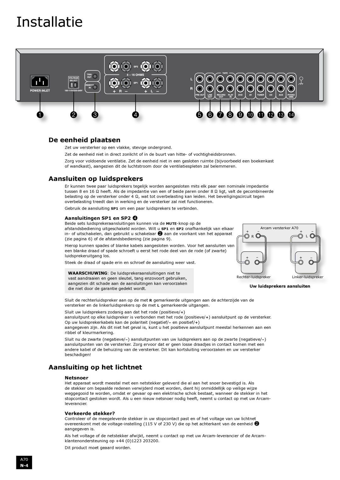 Arcam A70 manual Installatie, De eenheid plaatsen, Aansluiten op luidsprekers, Aansluiting op het lichtnet 