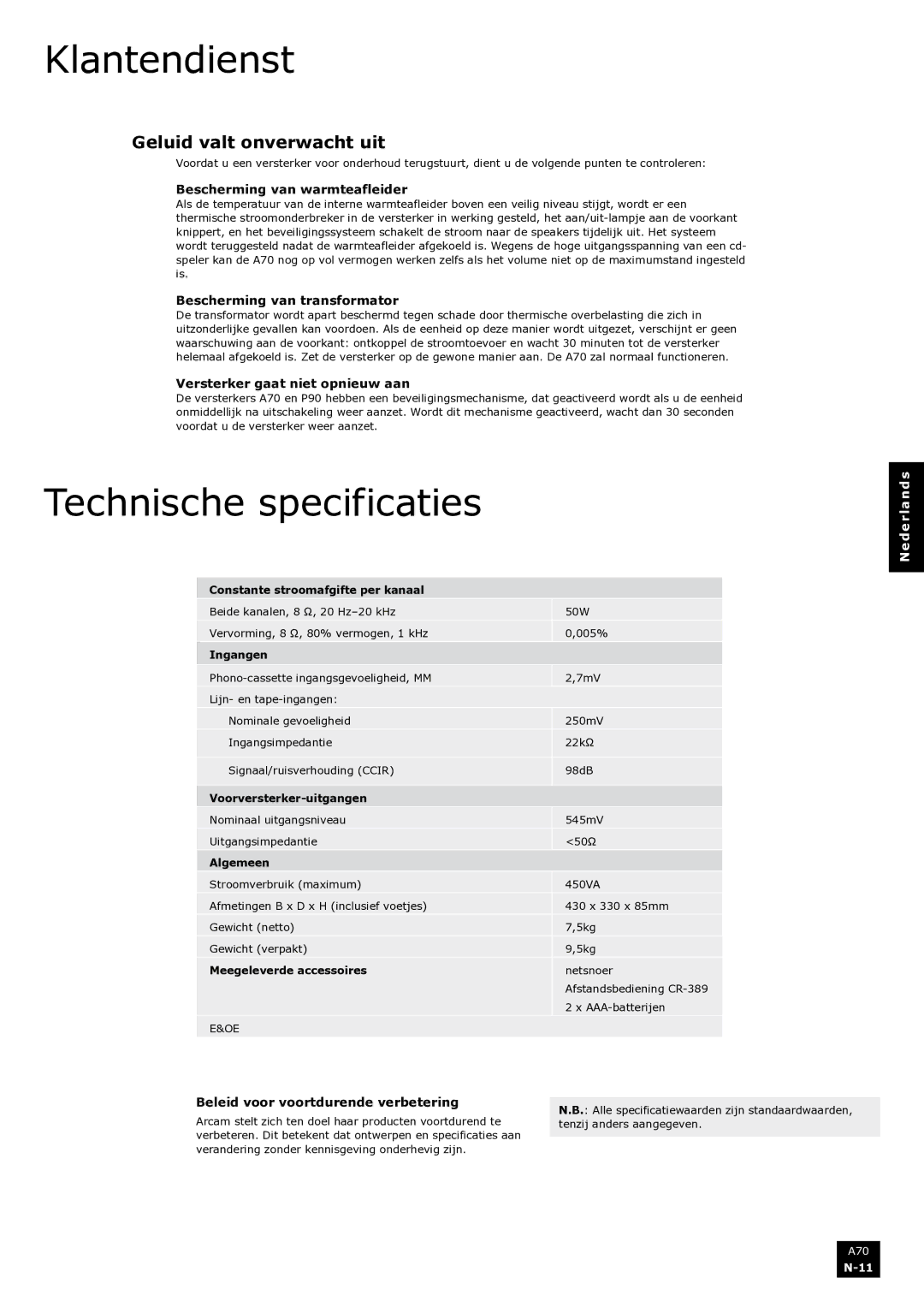 Arcam A70 manual Klantendienst, Technische specificaties, Geluid valt onverwacht uit 