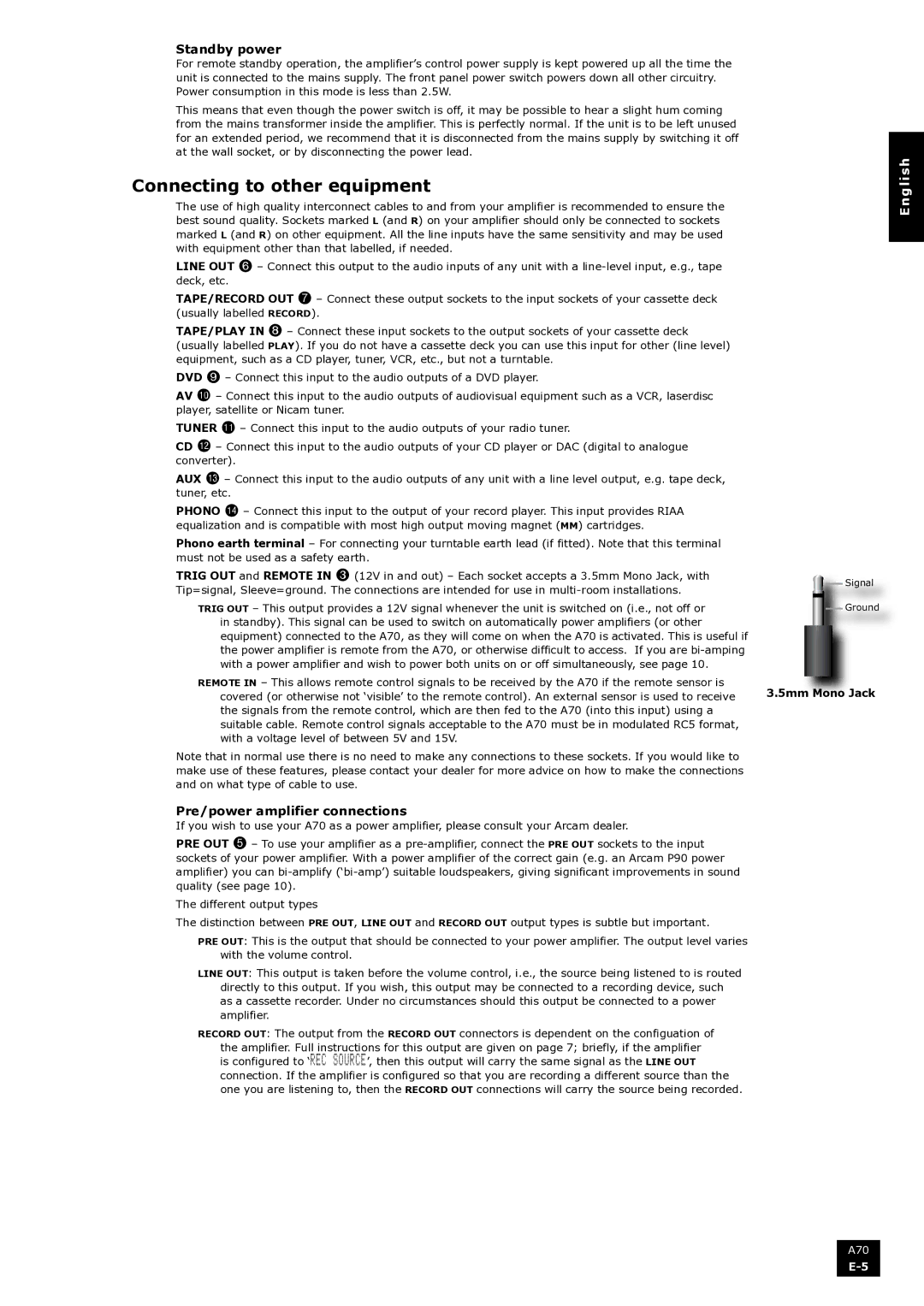 Arcam A70 manual Connecting to other equipment, Standby power, Pre/power amplifier connections, 5mm Mono Jack 