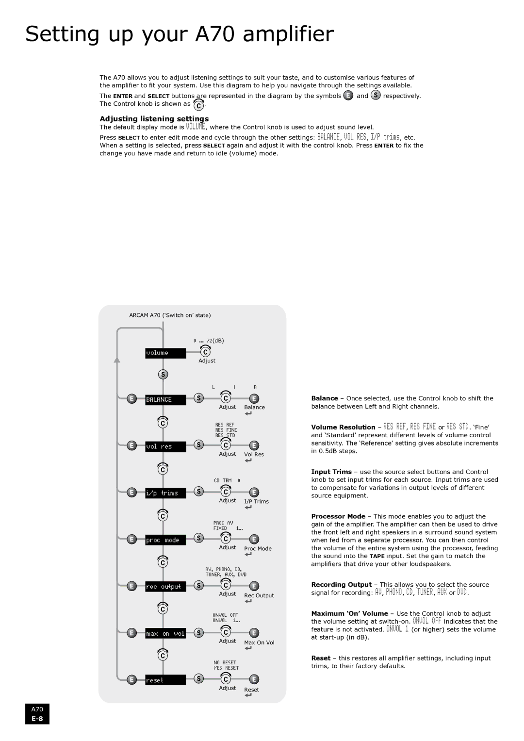 Arcam manual Setting up your A70 amplifier, Adjusting listening settings 