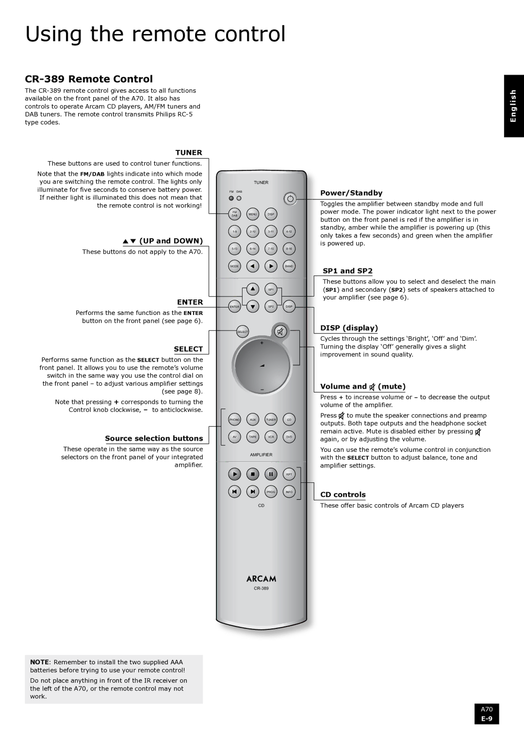 Arcam A70 manual Using the remote control, CR-389 Remote Control 