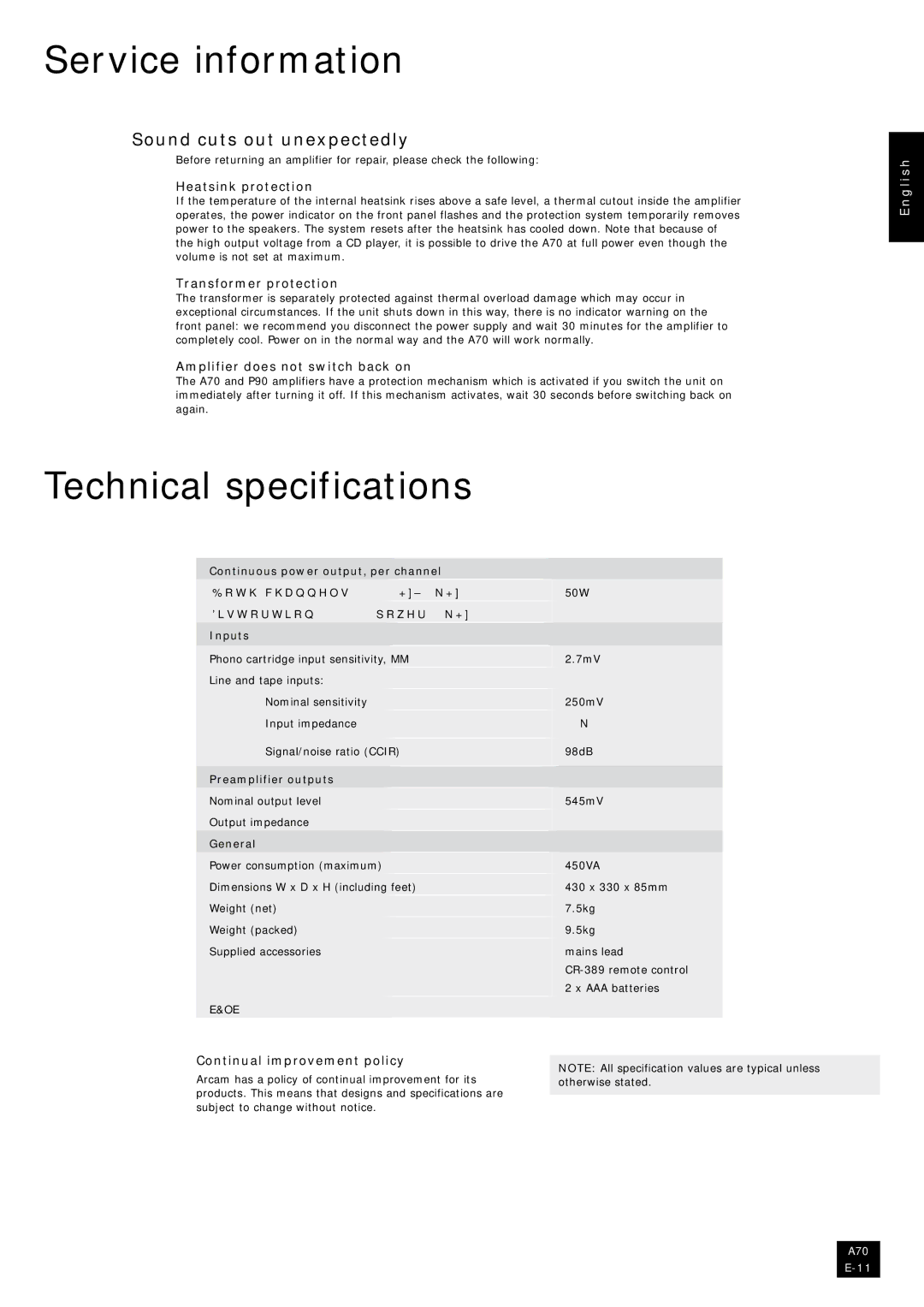 Arcam A70 manual Service information, Technical specifications, Sound cuts out unexpectedly 