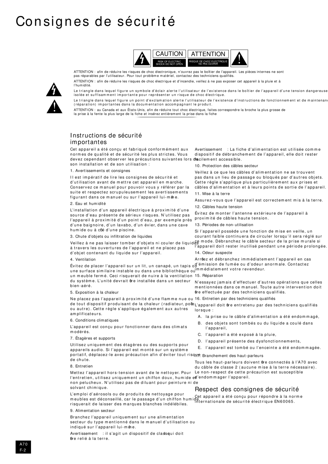 Arcam A70 manual Consignes de sécurité, Instructions de sécurité importantes, Respect des consignes de sécurité 