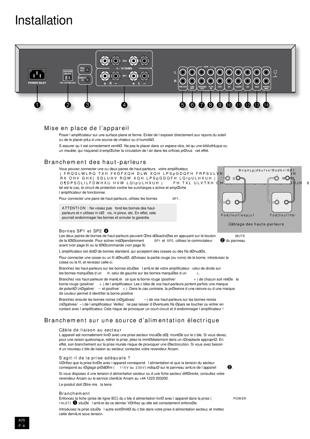 Arcam A70 Mise en place de l’appareil, Branchement des haut-parleurs, Branchement sur une source d’alimentation électrique 