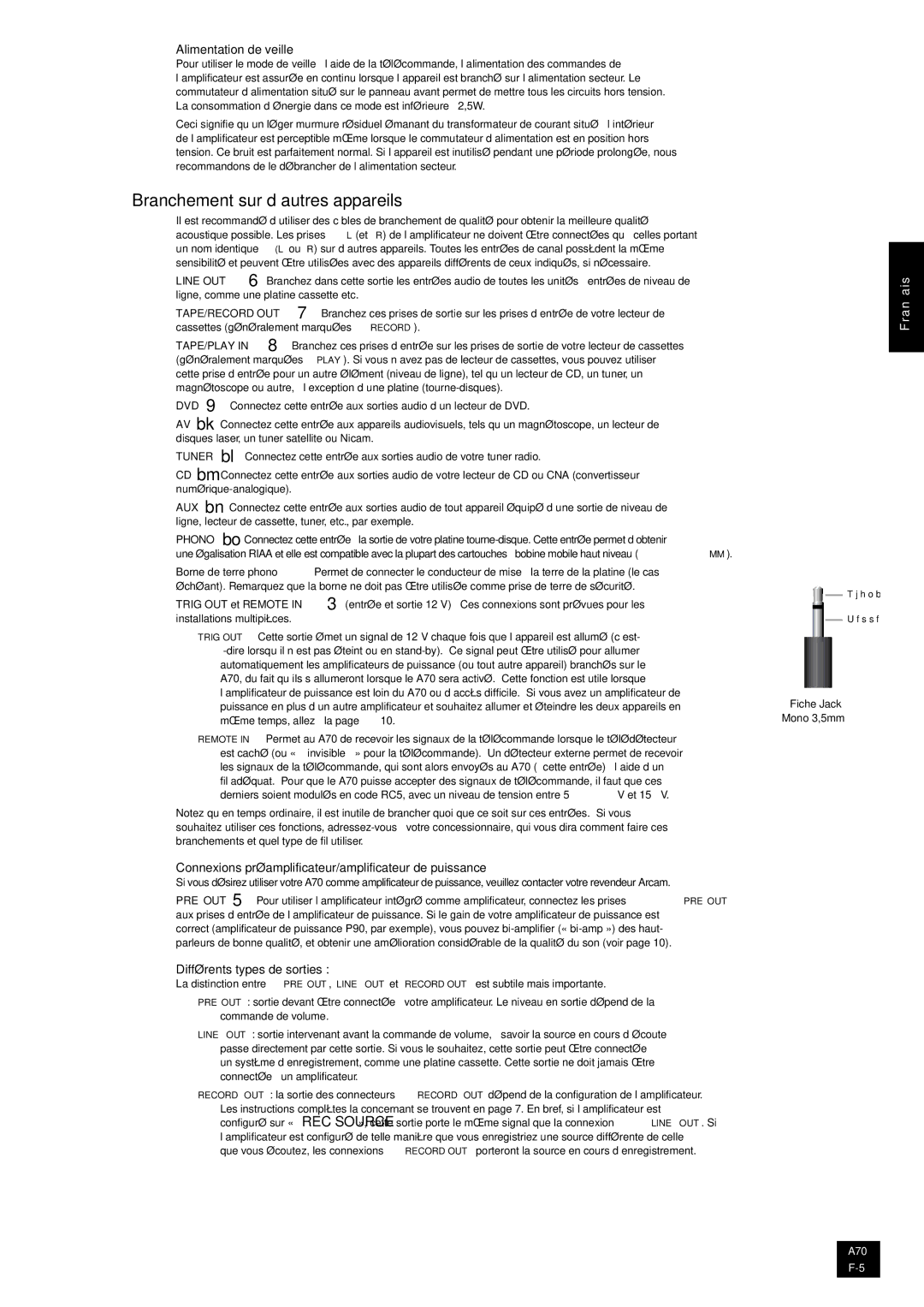 Arcam A70 Branchement sur d’autres appareils, Alimentation de veille, Différents types de sorties, Fiche Jack Mono 3,5mm 