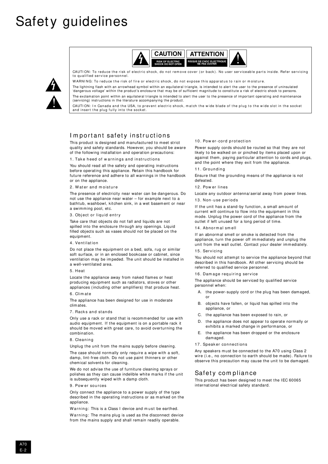 Arcam A70 manual Safety guidelines, Important safety instructions, Safety compliance 