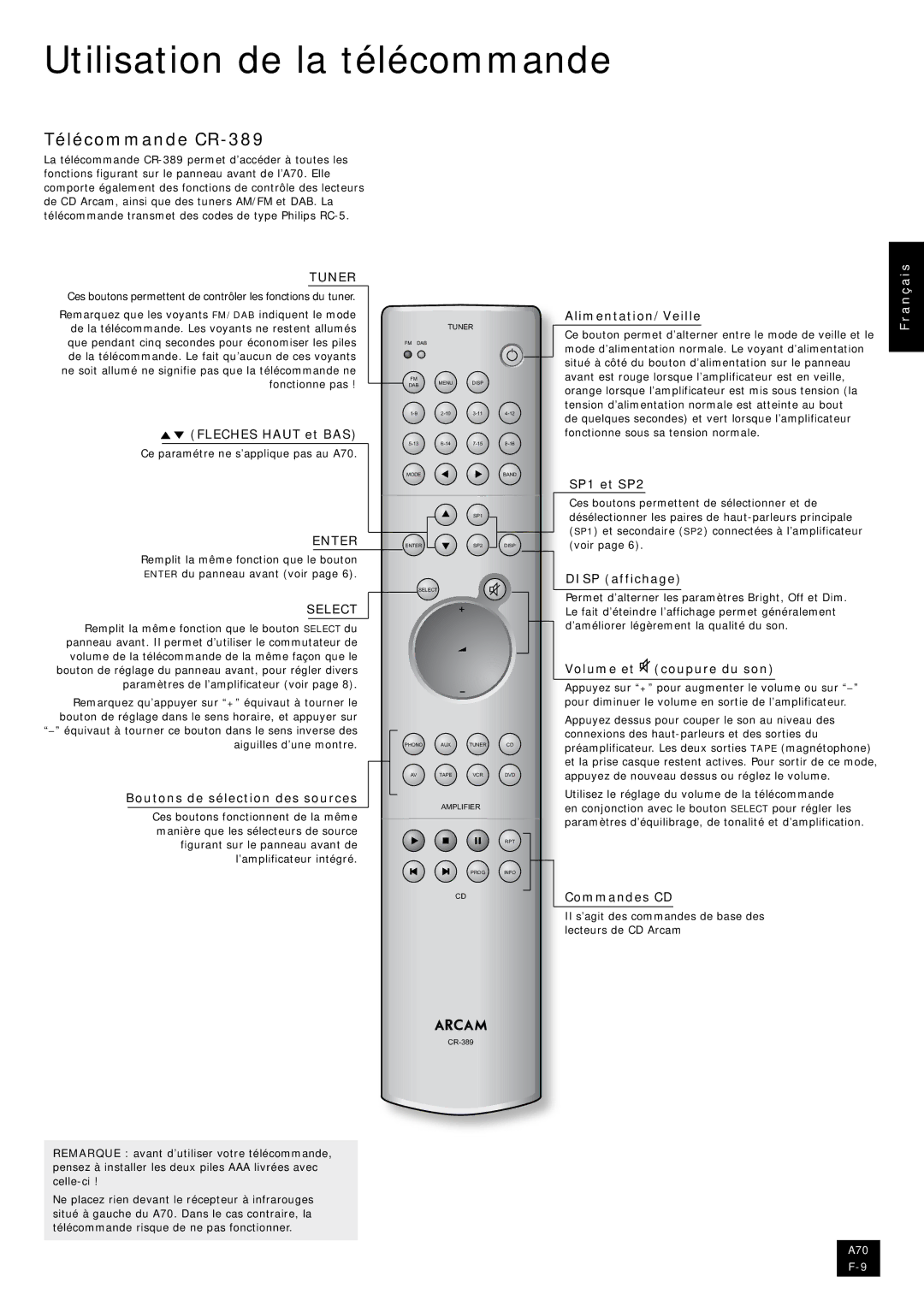 Arcam A70 manual Utilisation de la télécommande, Télécommande CR-389 