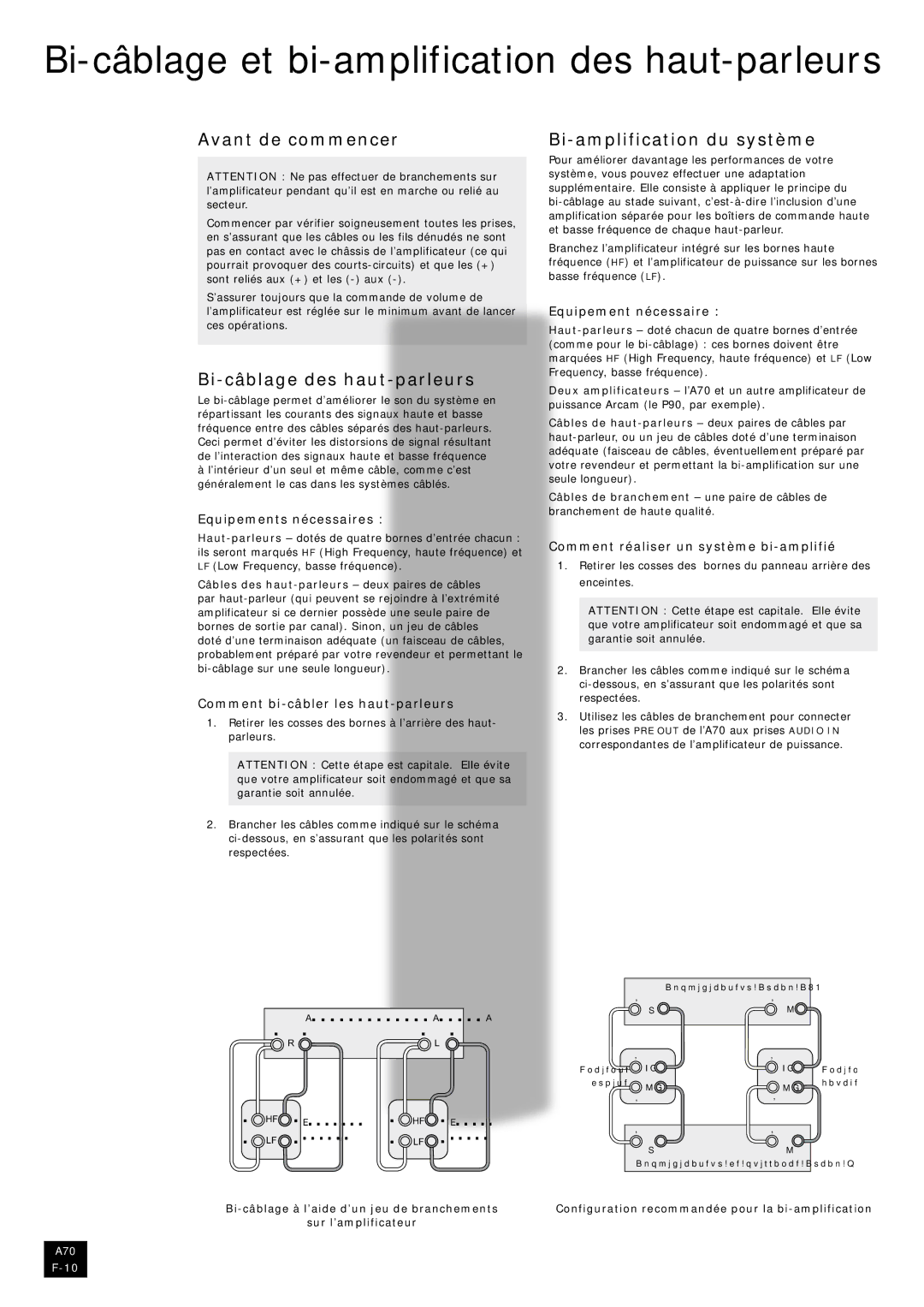 Arcam A70 manual Avant de commencer Bi-amplification du système, Bi-câblage des haut-parleurs 