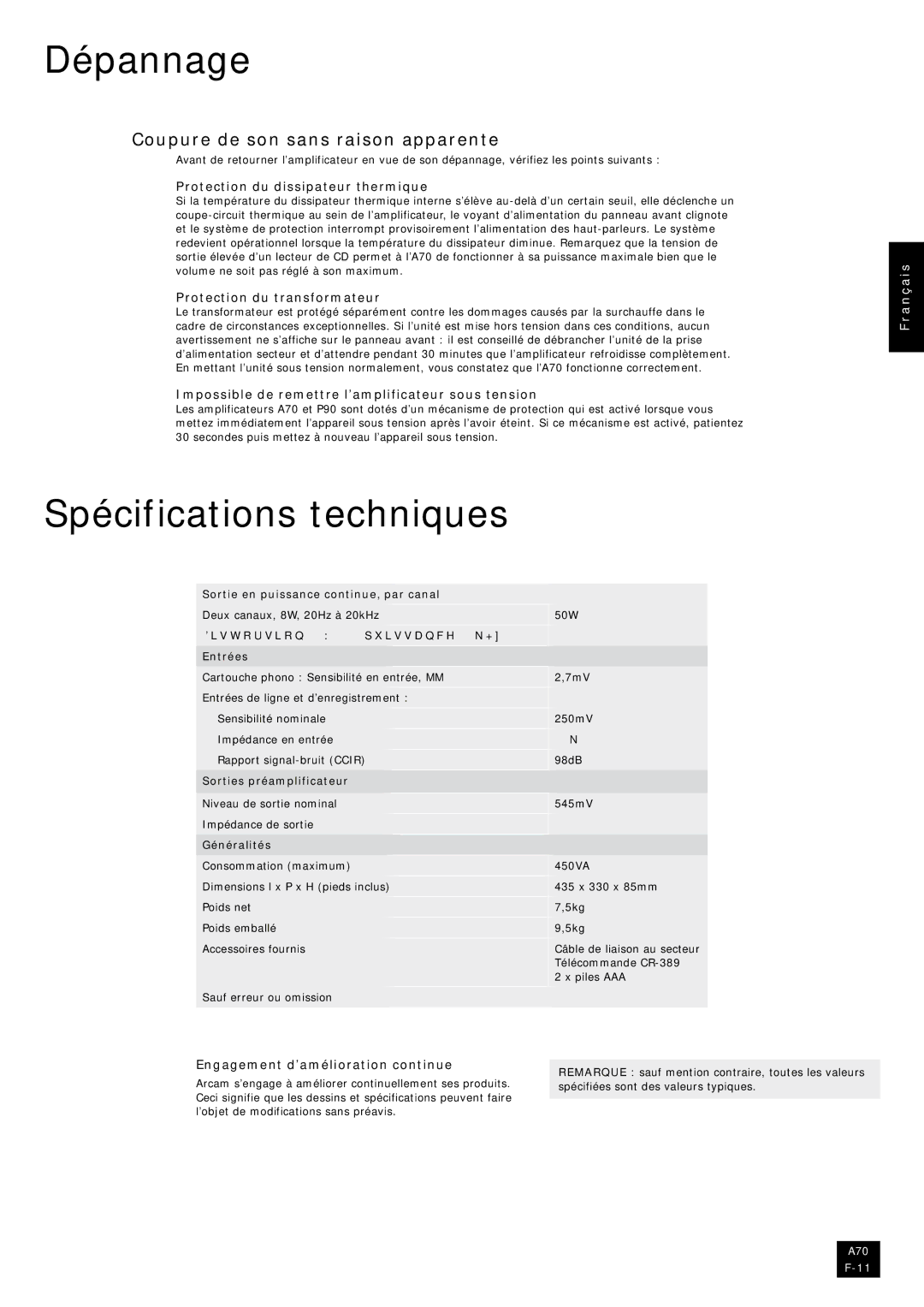 Arcam A70 manual Dépannage, Spécifications techniques, Coupure de son sans raison apparente 