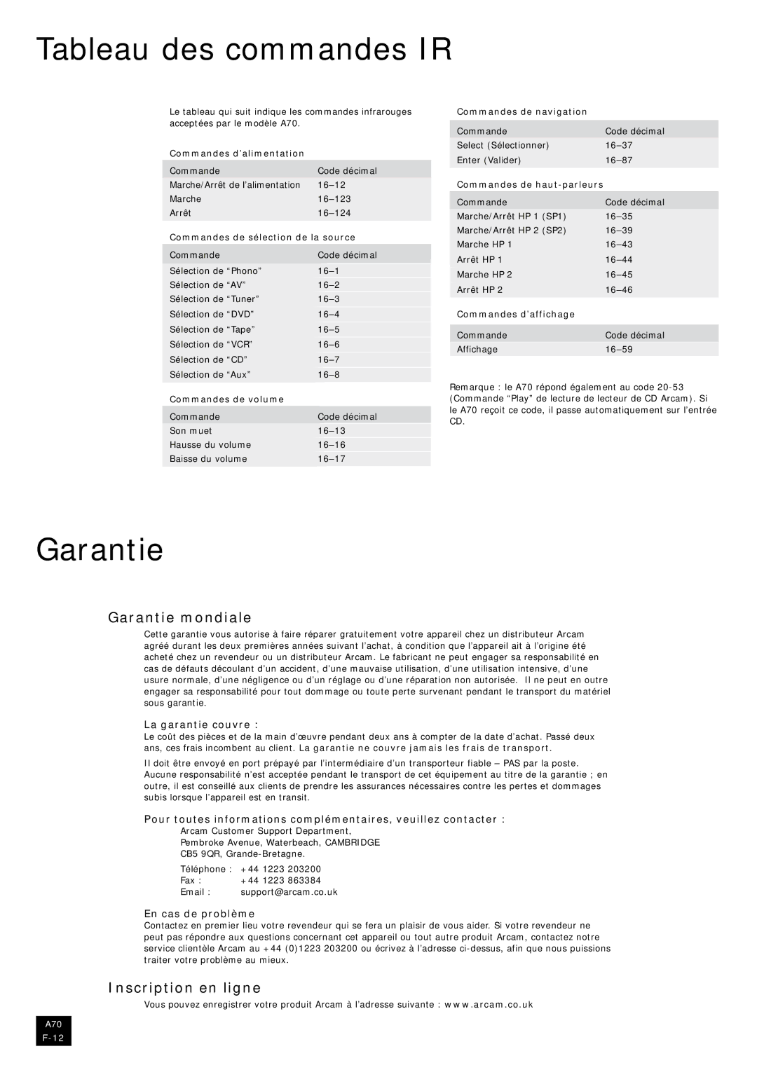 Arcam A70 manual Tableau des commandes IR, Garantie mondiale, Inscription en ligne 