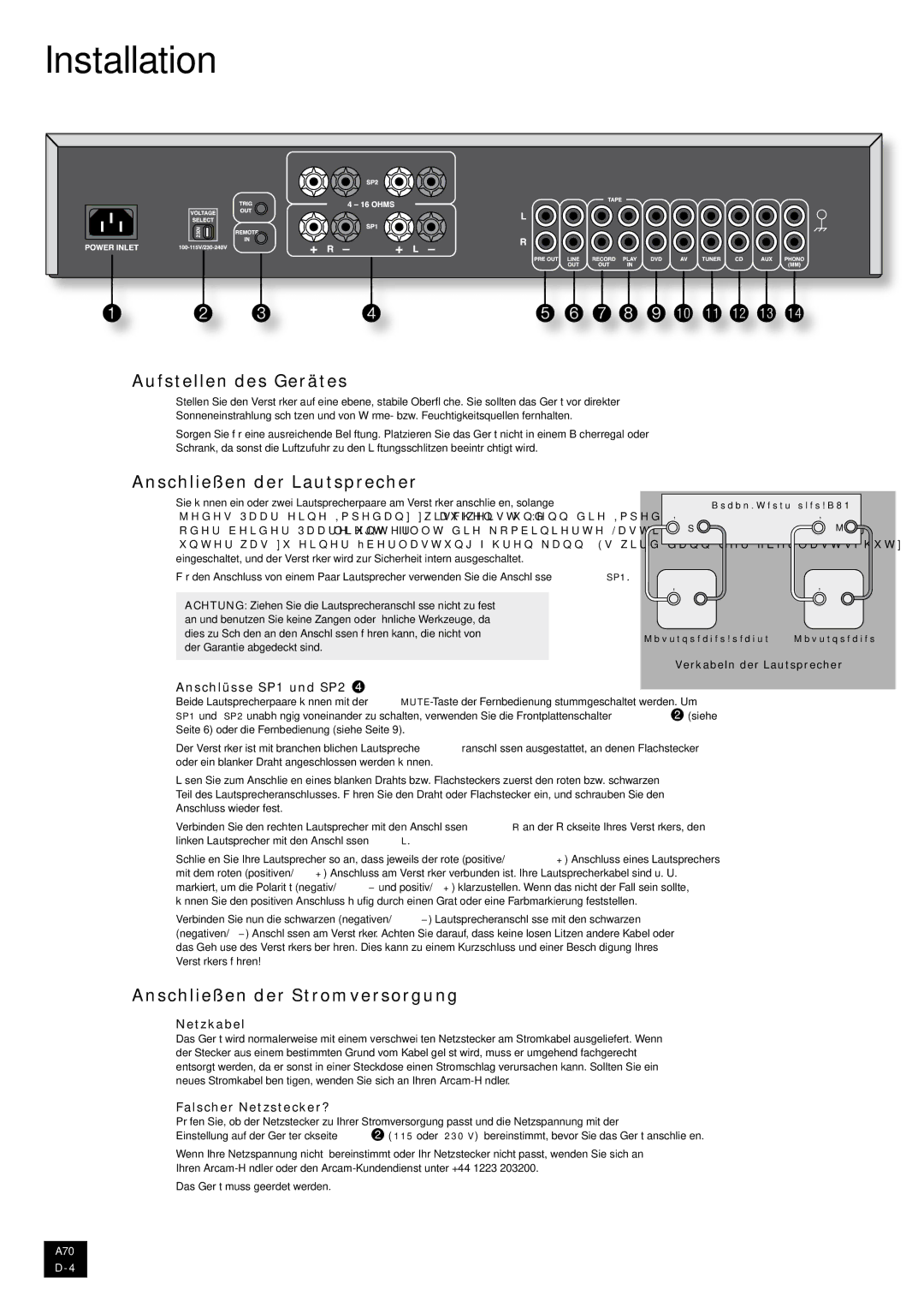 Arcam A70 manual Aufstellen des Gerätes, Anschließen der Lautsprecher, Anschließen der Stromversorgung 