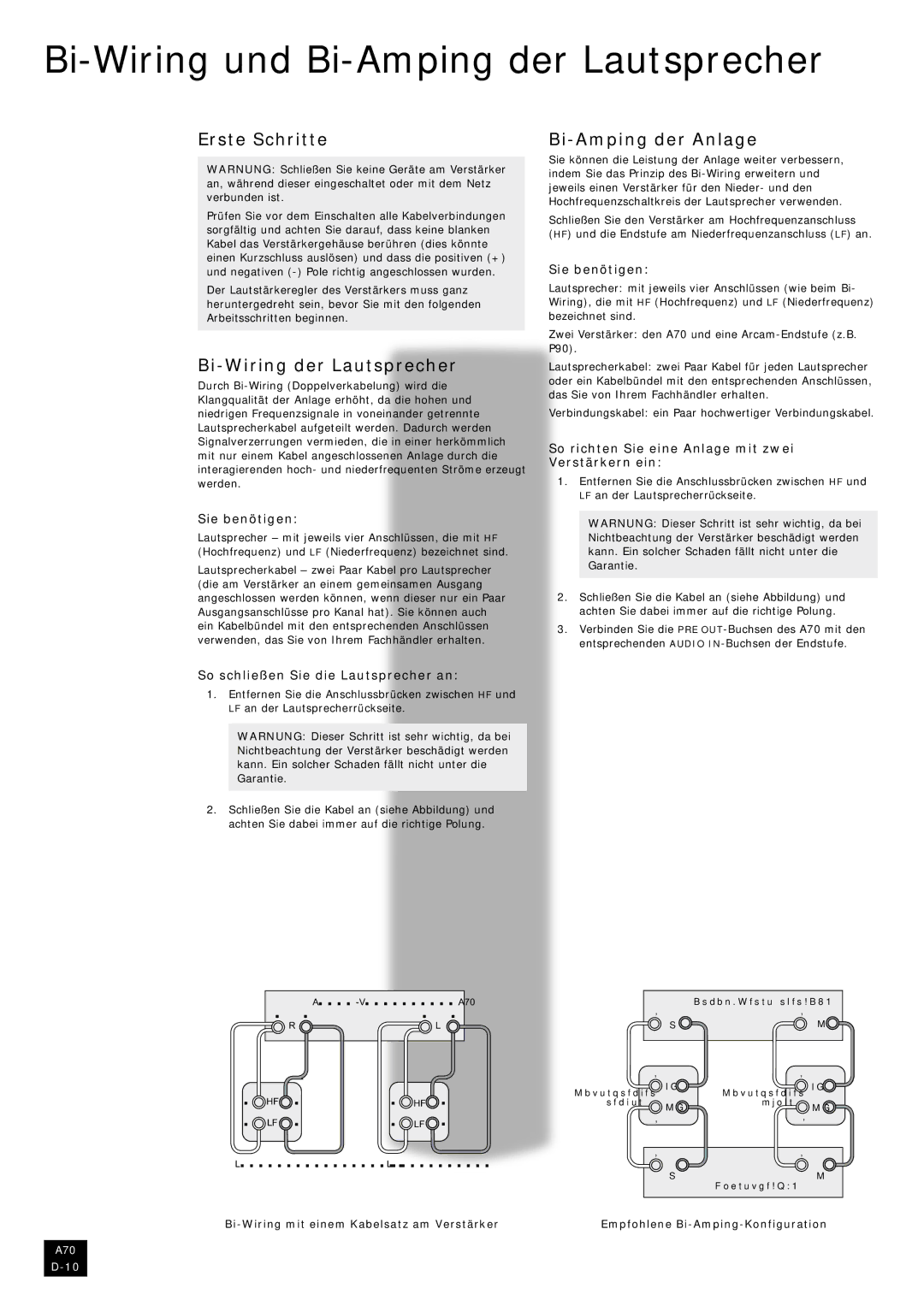 Arcam A70 manual Bi-Wiring und Bi-Amping der Lautsprecher, Erste Schritte Bi-Amping der Anlage, Bi-Wiring der Lautsprecher 