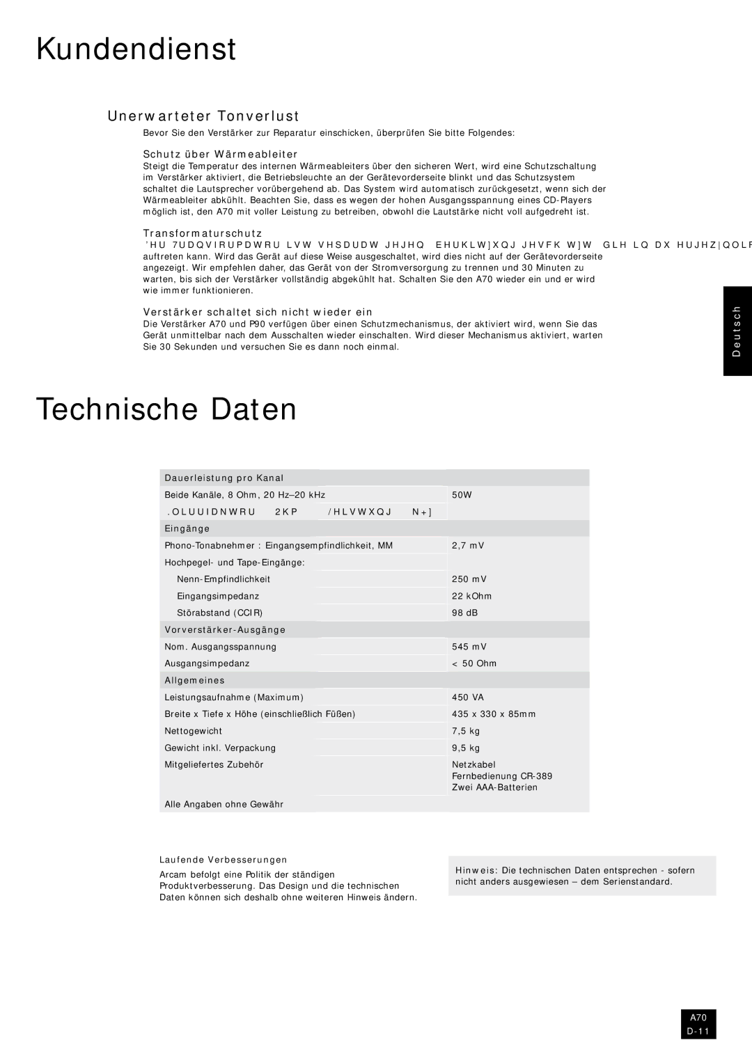 Arcam A70 manual Kundendienst, Technische Daten, Unerwarteter Tonverlust 