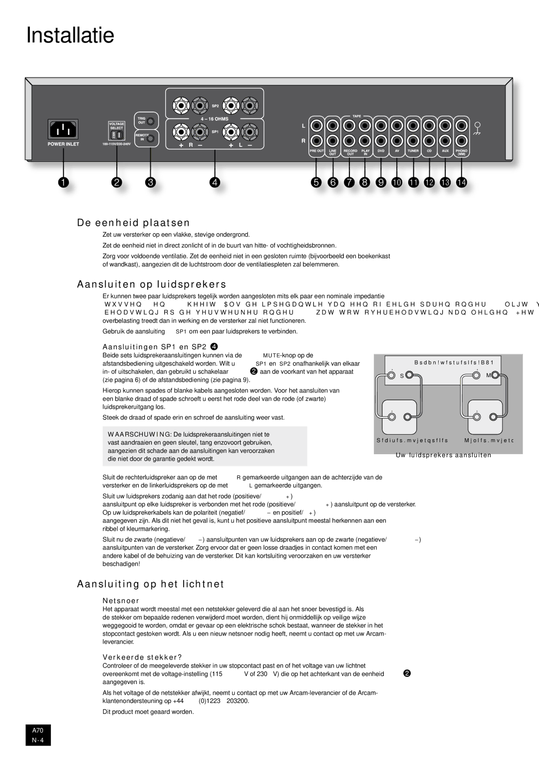 Arcam A70 manual Installatie, De eenheid plaatsen, Aansluiten op luidsprekers, Aansluiting op het lichtnet 