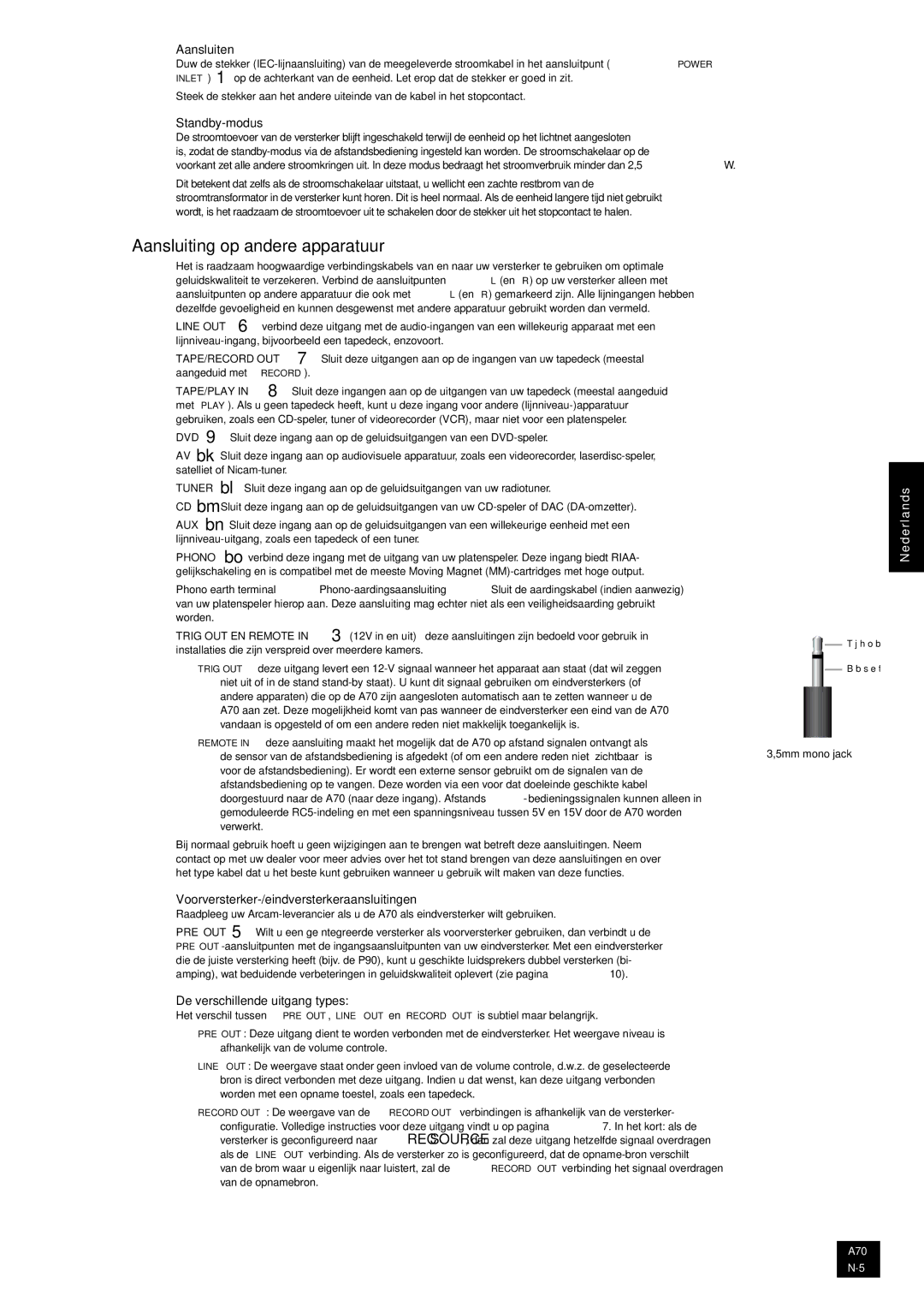 Arcam A70 manual Aansluiting op andere apparatuur, Aansluiten, Standby-modus, Voorversterker-/eindversterkeraansluitingen 