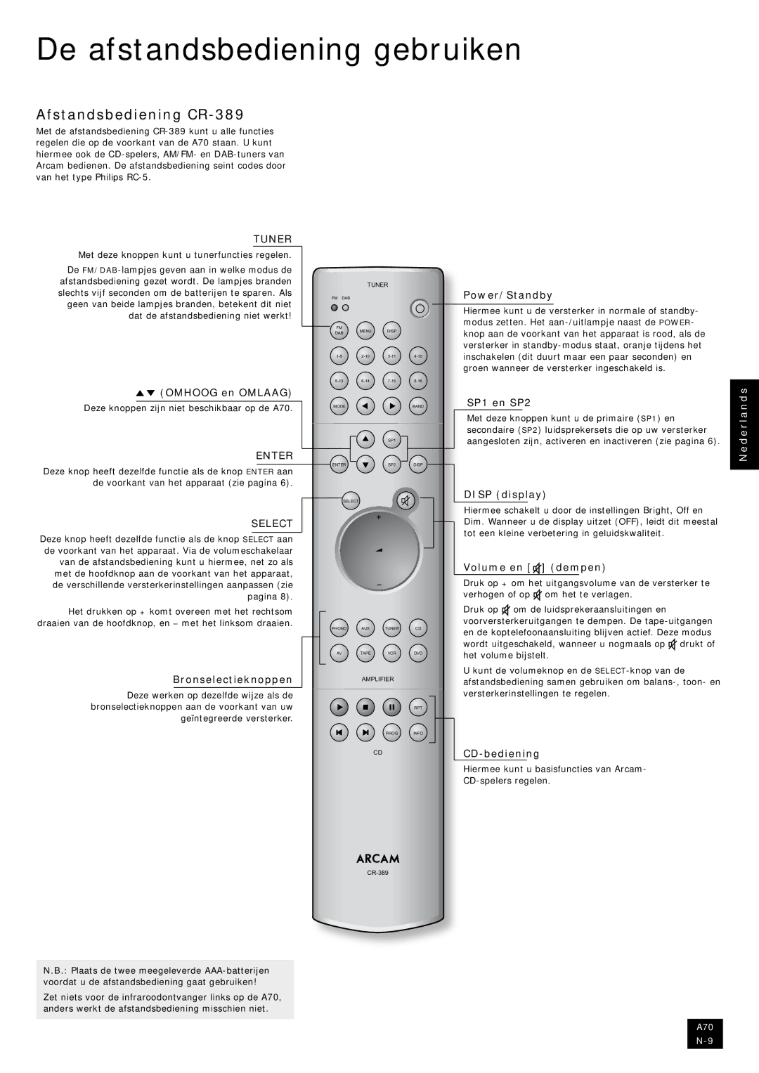 Arcam A70 manual De afstandsbediening gebruiken, Afstandsbediening CR-389, Omhoog en Omlaag SP1 en SP2, Volume en Dempen 