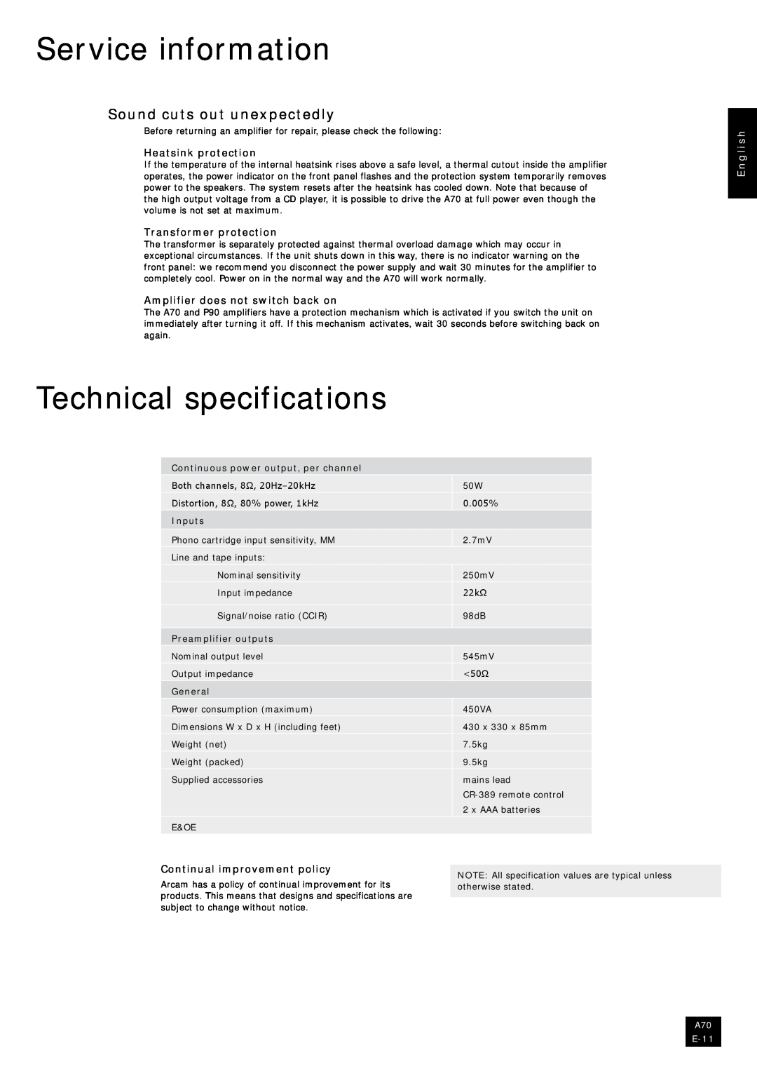 Arcam A70 Service information, Technical specifications, Sound cuts out unexpectedly, Heatsink protection, Inputs, General 