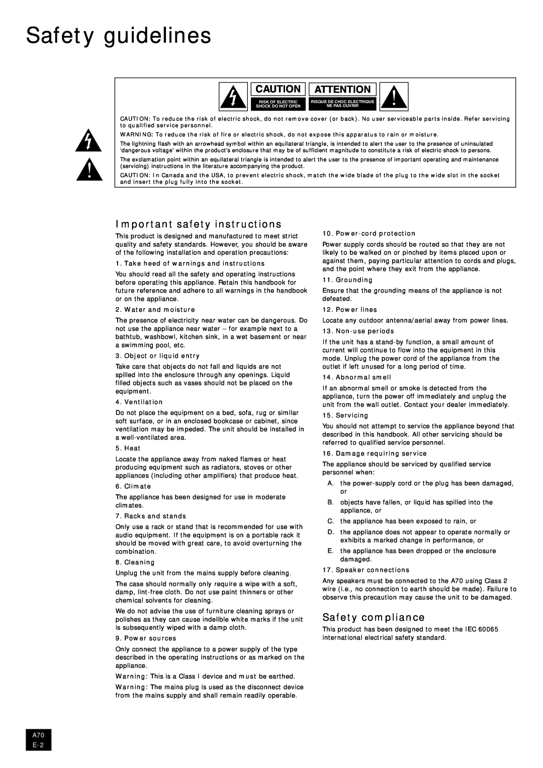 Arcam A70 Safety guidelines, Important safety instructions, Safety compliance, Take heed of warnings and instructions 