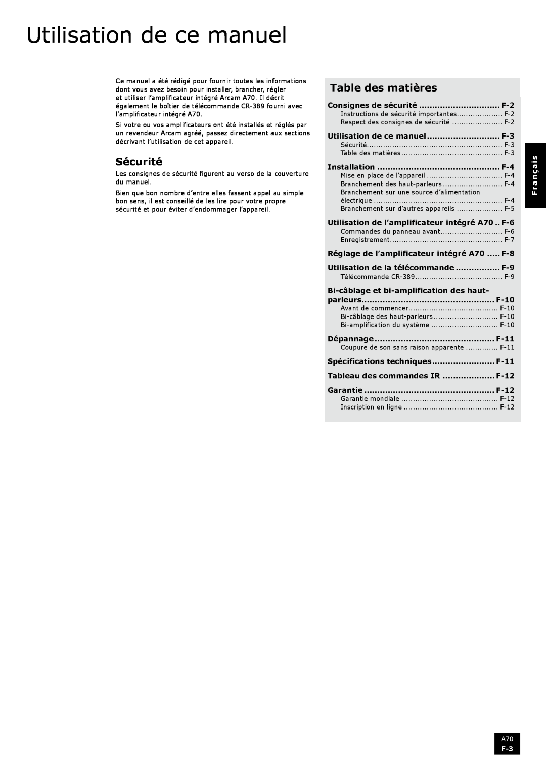 Arcam A70 manual Utilisation de ce manuel, Sécurité, Table des matières, Français 