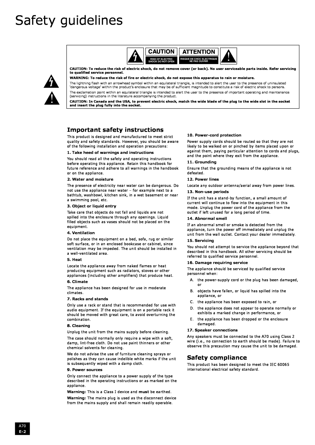 Arcam A70 Safety guidelines, Caution Attention, Important safety instructions, Safety compliance, Water and moisture, Heat 