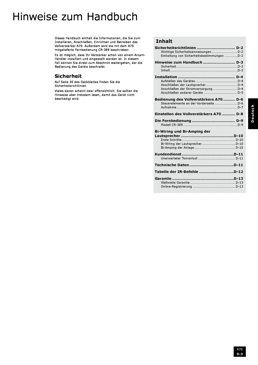 Arcam A70 Hinweise zum Handbuch, Inhalt, Bi-Wiringund Bi-Ampingder, Deutsch, Sicherheitsrichtlinien, Installation 