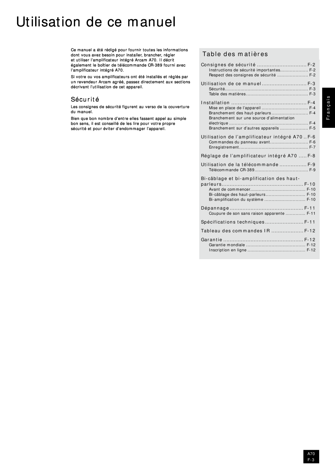 Arcam A70 manual Utilisation de ce manuel, Sécurité, Table des matières, Français 
