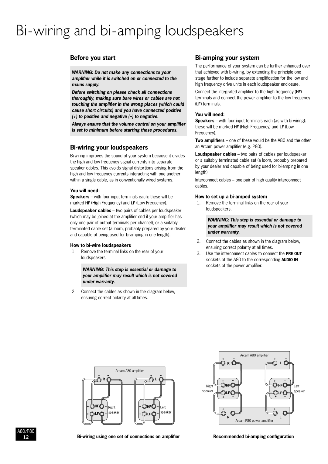 Arcam A80, P80 manual Bi-wiring and bi-amping loudspeakers, Before you start, Bi-wiring your loudspeakers 