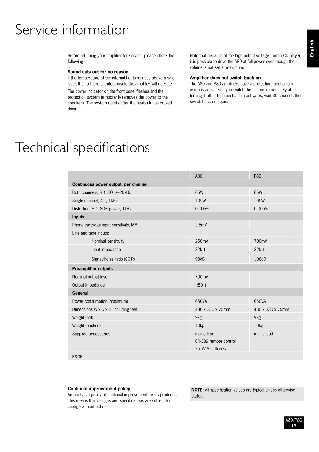 Arcam P80, A80 manual Service information, Technical specifications 