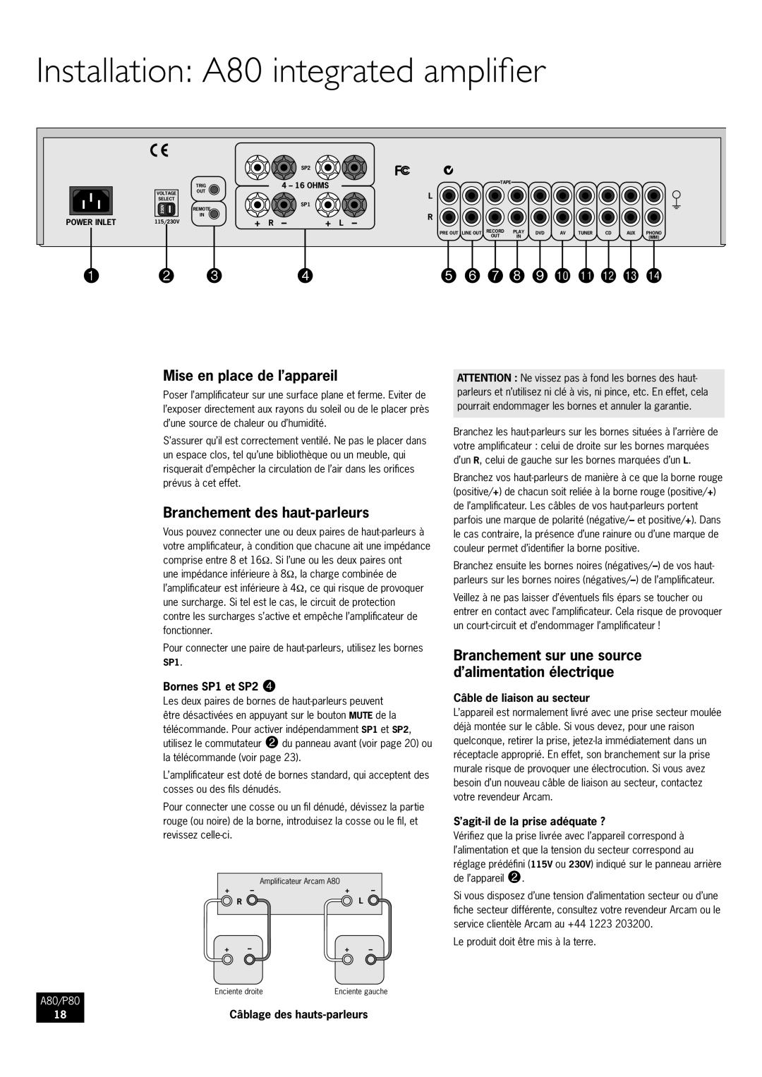 Arcam P80 manual Installation A80 integrated amplifier, Mise en place de l’appareil, Branchement des haut-parleurs 