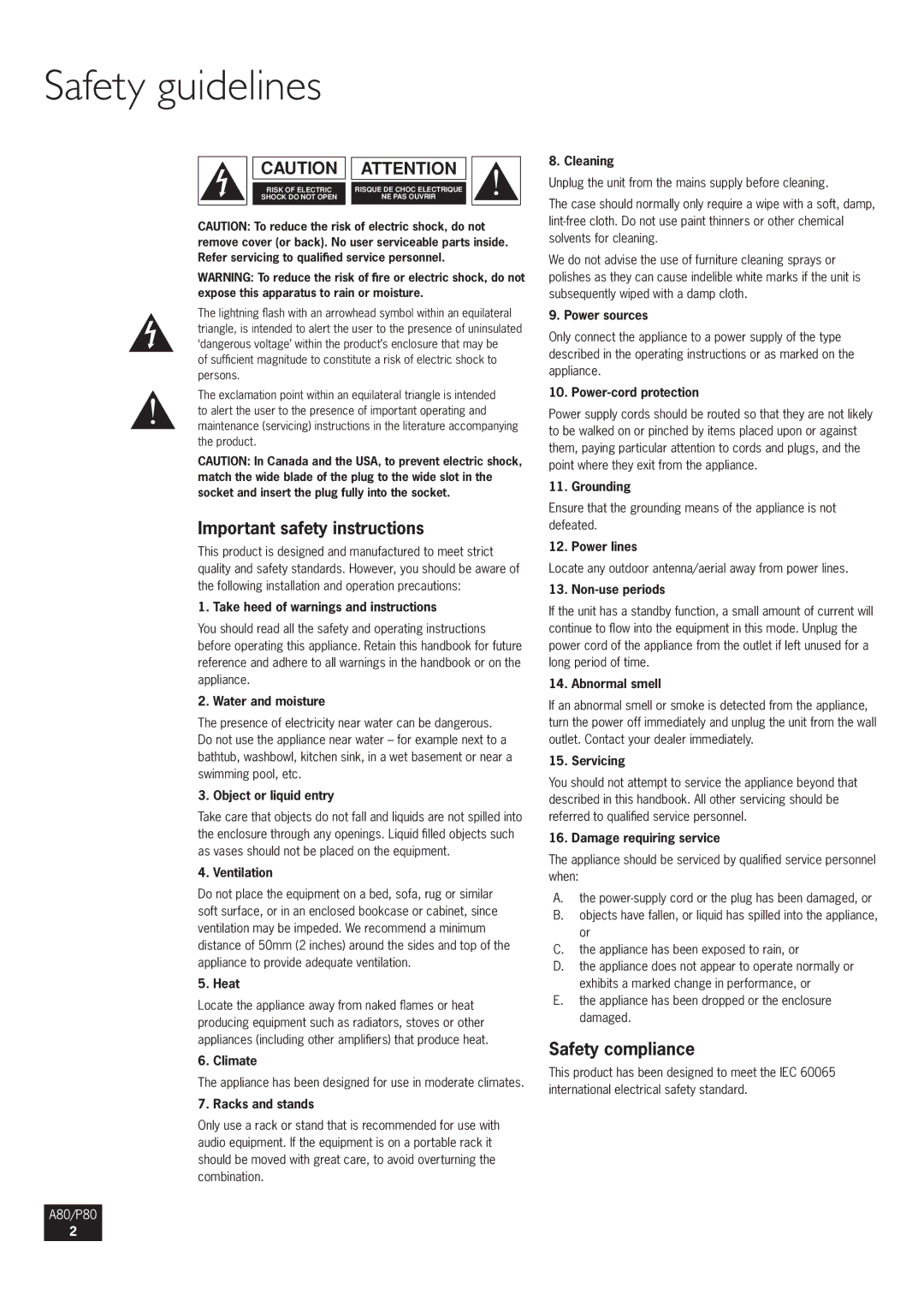 Arcam A80, P80 manual Safety guidelines, Important safety instructions, Safety compliance 