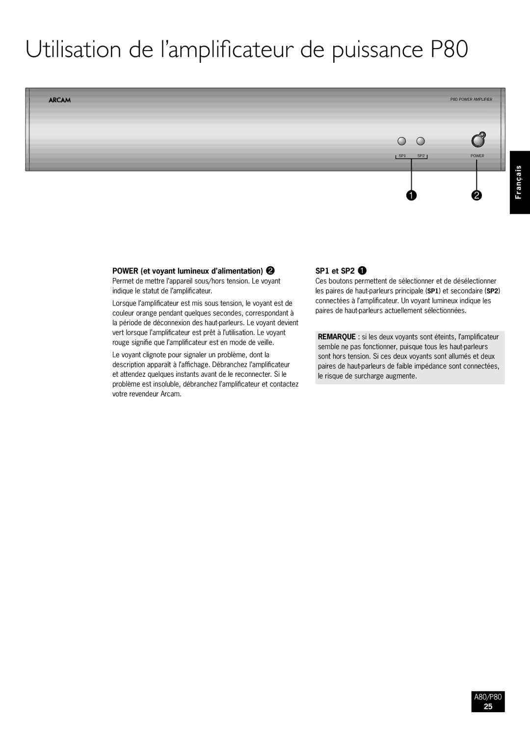 Arcam A80 manual Utilisation de l’amplificateur de puissance P80, Power et voyant lumineux d’alimentation 