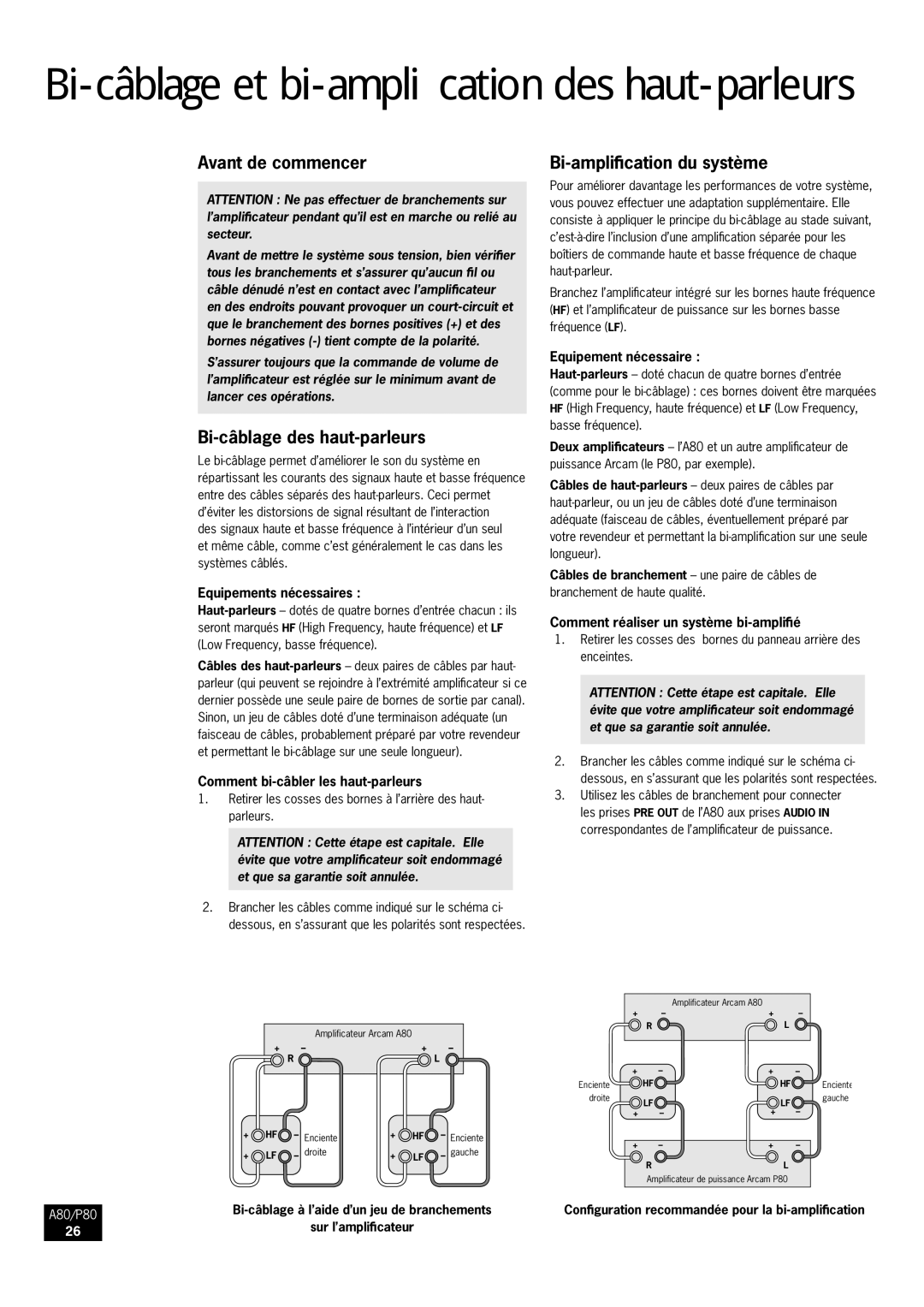 Arcam A80, P80 manual Avant de commencer, Bi-câblage des haut-parleurs 