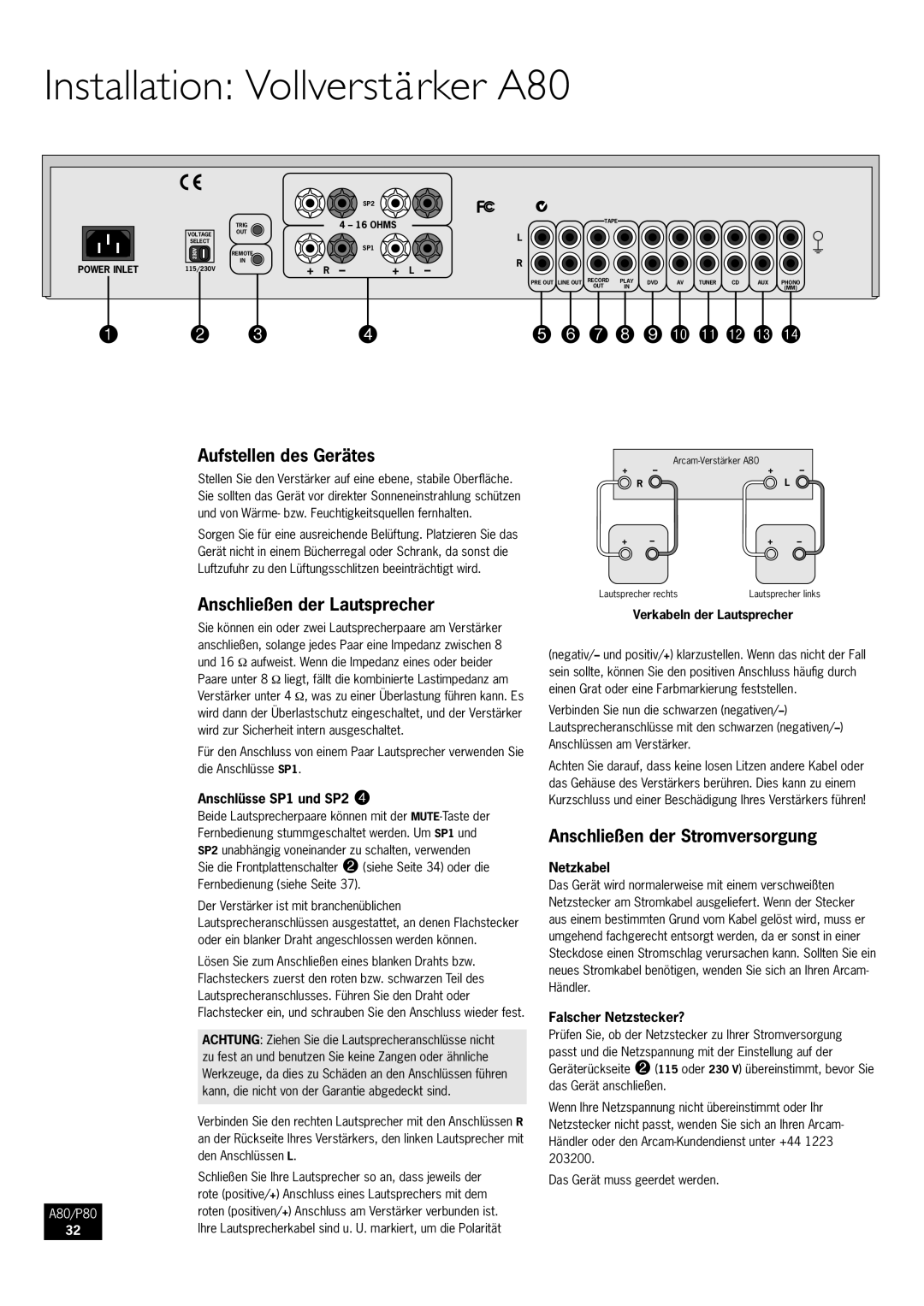 Arcam P80 manual Installation Vollverstärker A80, Aufstellen des Gerätes, Anschließen der Lautsprecher 