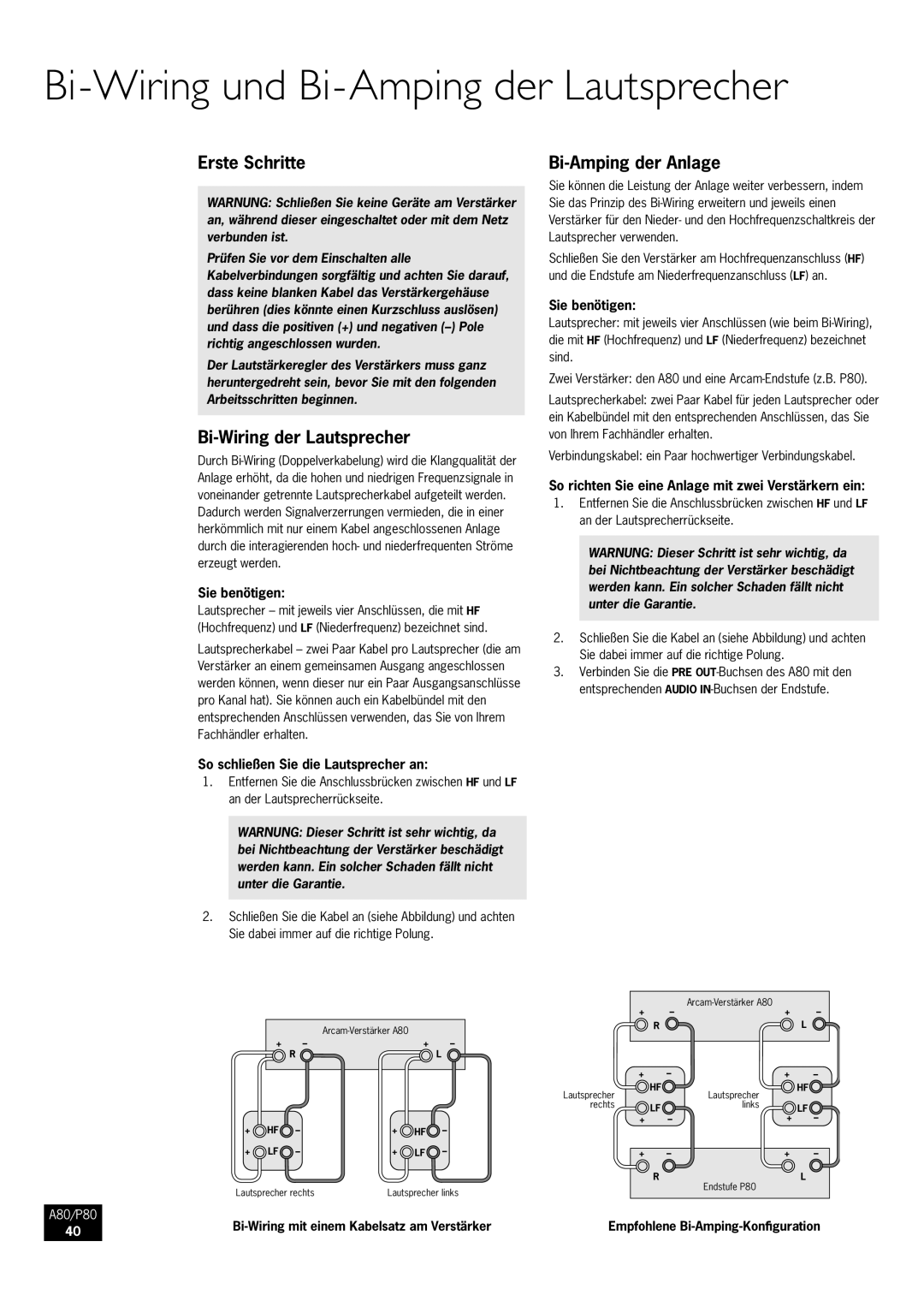 Arcam A80, P80 manual Bi-Wiring und Bi-Amping der Lautsprecher, Erste Schritte, Bi-Wiring der Lautsprecher 