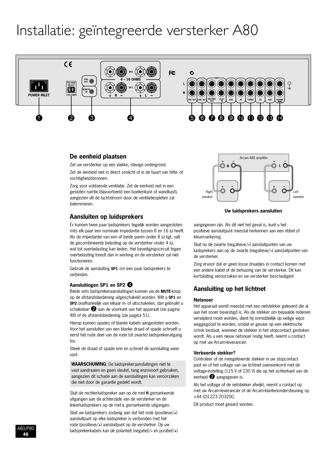 Arcam P80 manual Installatie geïntegreerde versterker A80, De eenheid plaatsen, Aansluiten op luidsprekers 