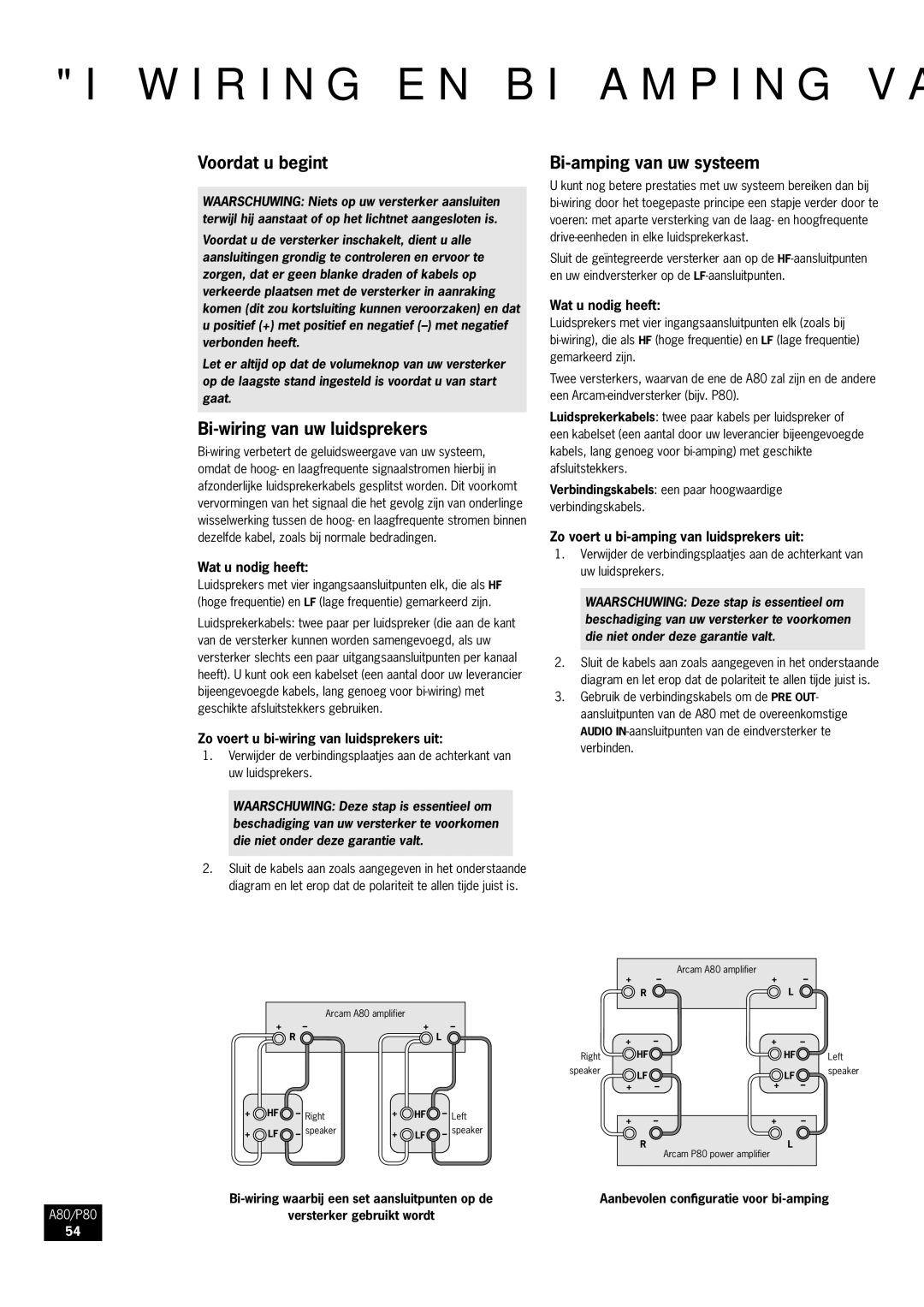 Arcam A80, P80 Bi-wiring en bi-amping van luidsprekers, Voordat u begint, Bi-wiring van uw luidsprekers, Wat u nodig heeft 